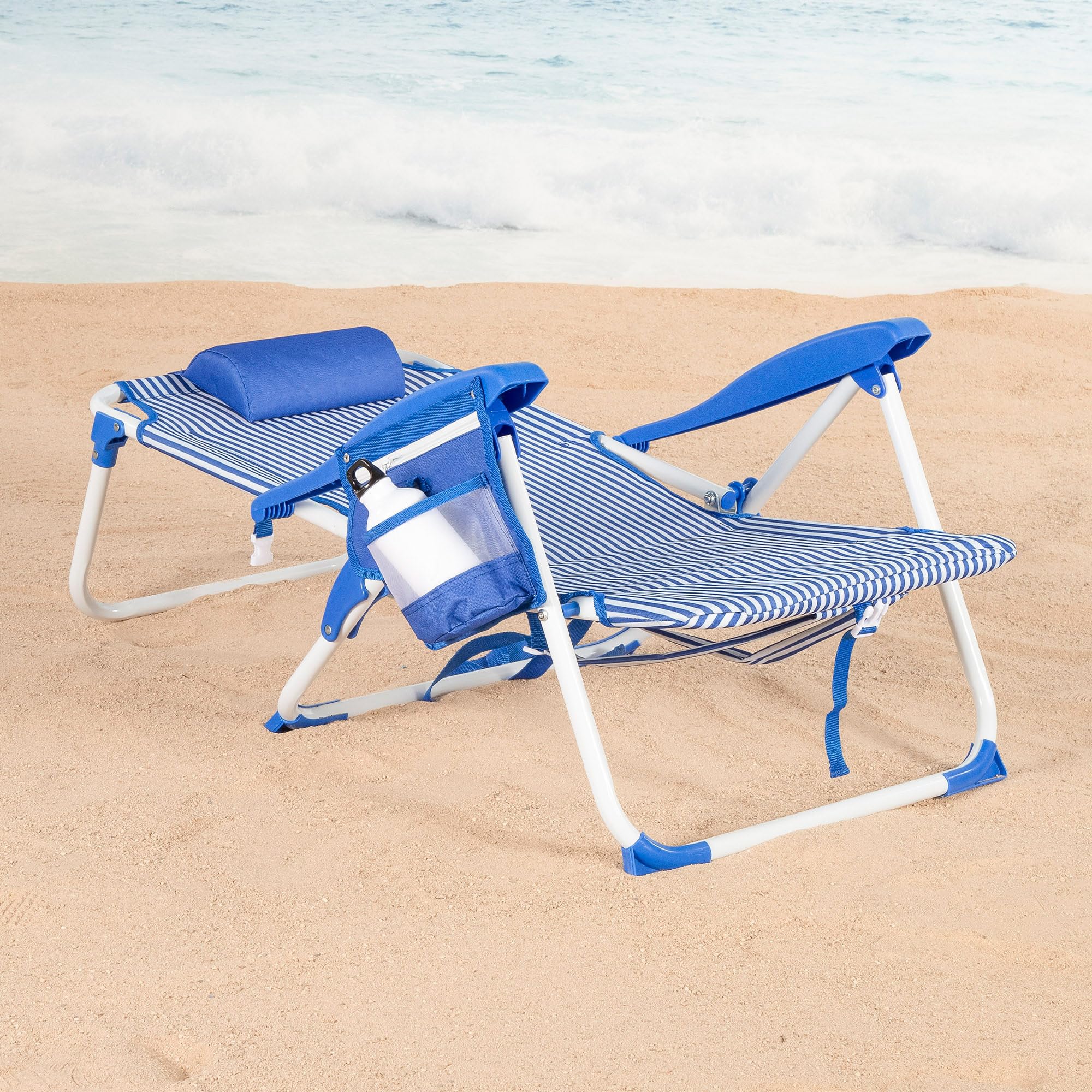 AKTIVE Silla de Playa Plegable, Azul Rayas, 48x58x76 cm, 4 Posiciones, Antivuelco, Aluminio y poliéster, Peso soportado 110 kg, Bolsillo Lateral y Trasero, Cojín, Transporte Mochila (62531)