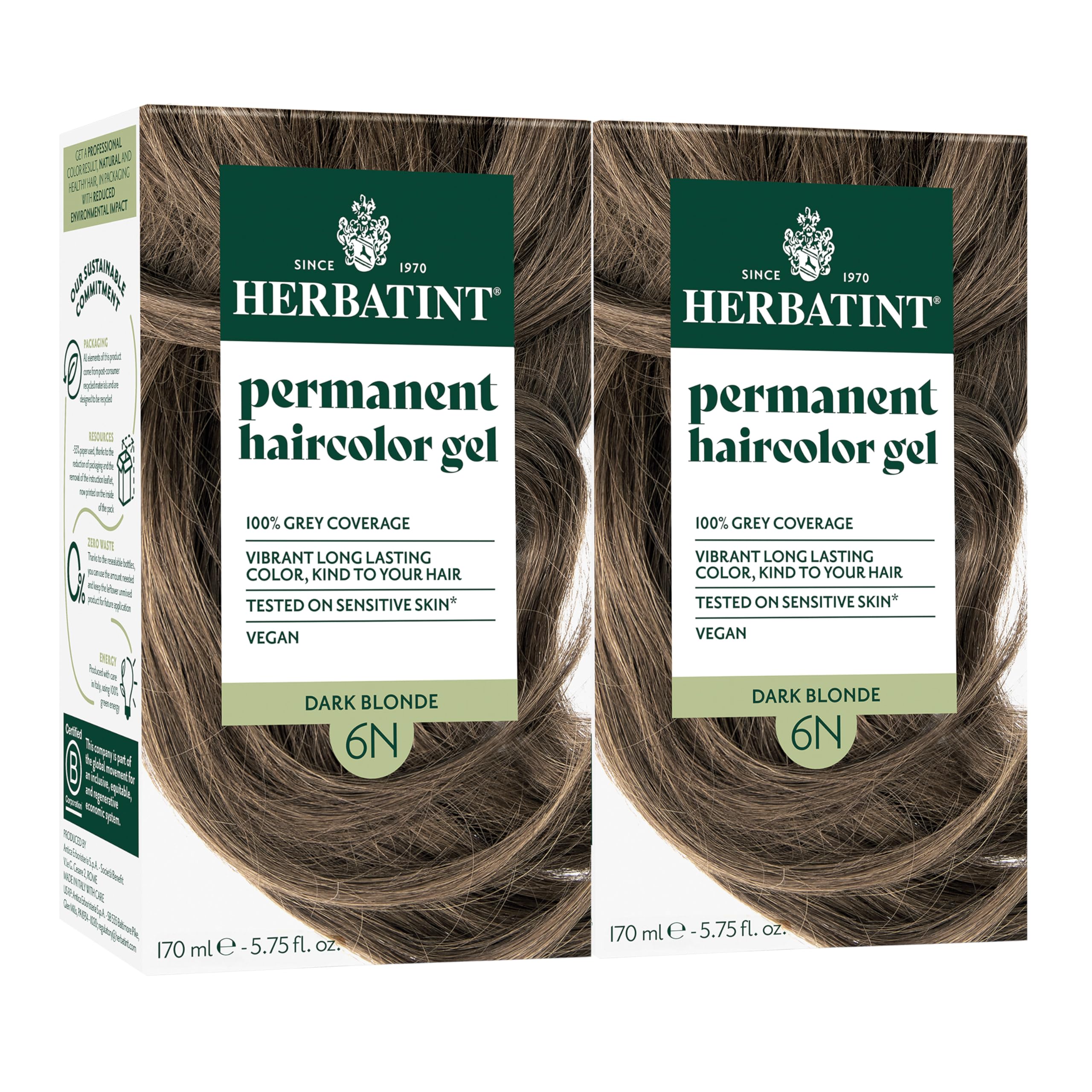 Herbatint Permanent Hair Dye - 6N Dark Blonde - For Up To 100% Gray Coverage of Resistant Gray Hair - Ammonia-Free, Alcohol-Free & Vegan - Salon Influenced Hair Color 5.75 fl oz (2 Pack)