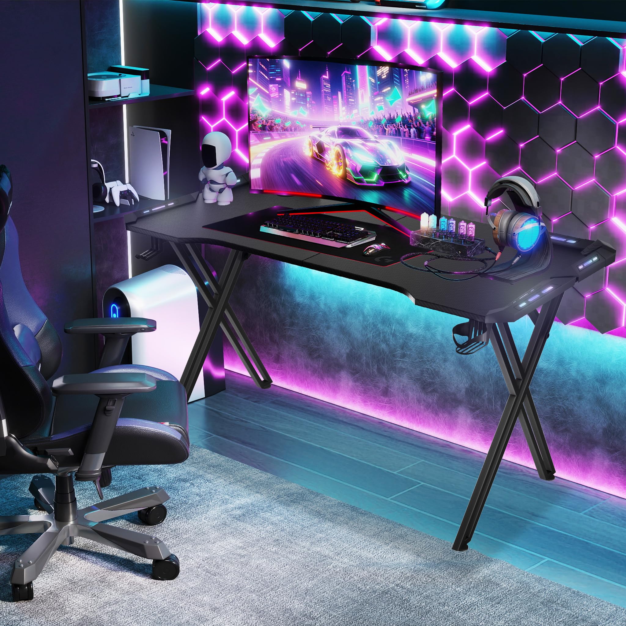 XMTECH 120 x 60 cm Gaming Schreibtisch, LED Gaming Tisch PC Tisch, X Rahmen mit Kohlefaseroberfläche Stabil, Gamer Tisch mit Getränkehalter und Kopfhörerhaken, Schwarz