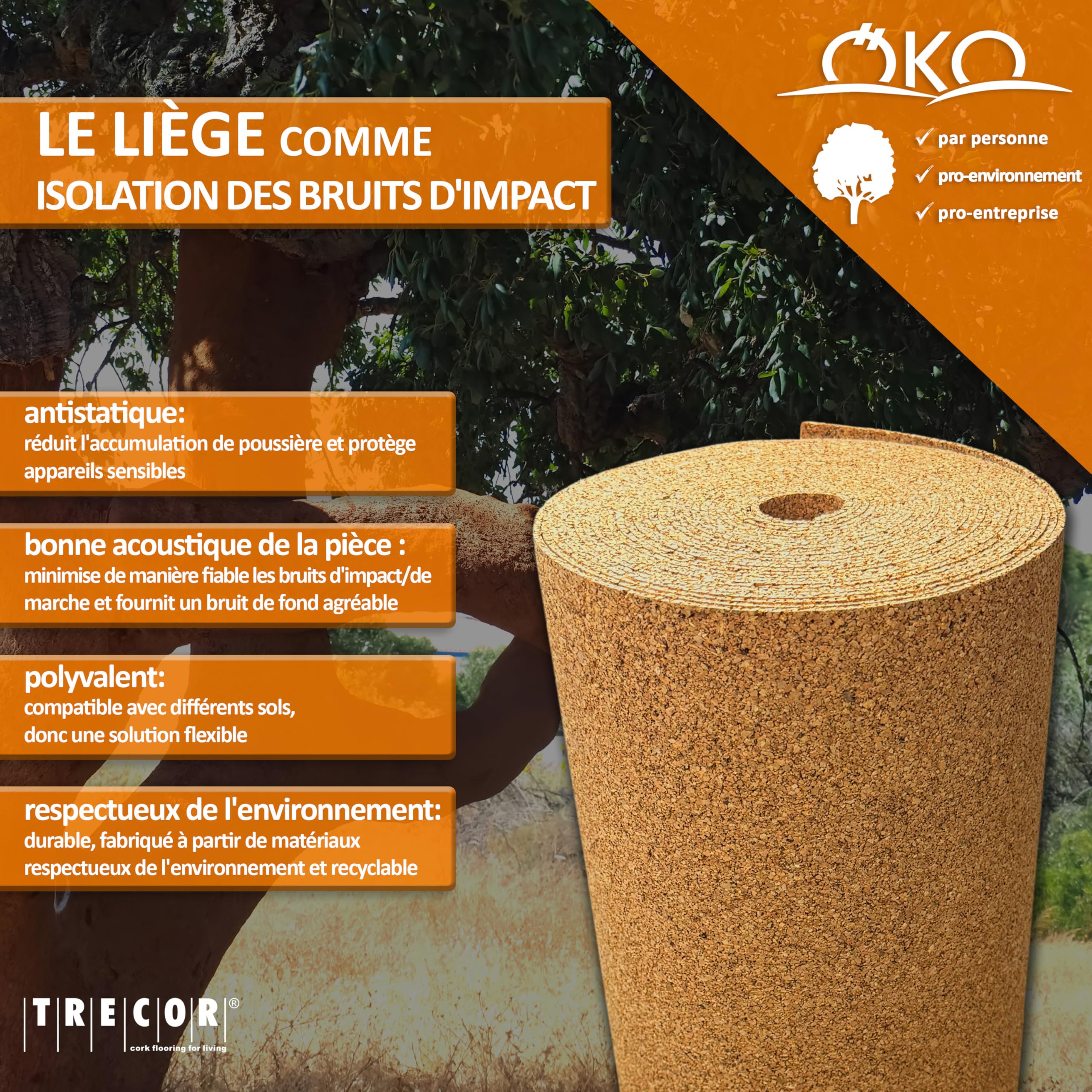 10 m² | Isolation phonique TRECOR Rouleau en liège – Épaisseur 10 mm – Isolation acoustique naturelle et écologique pour sols stratifiés et parquets – 10 m²
