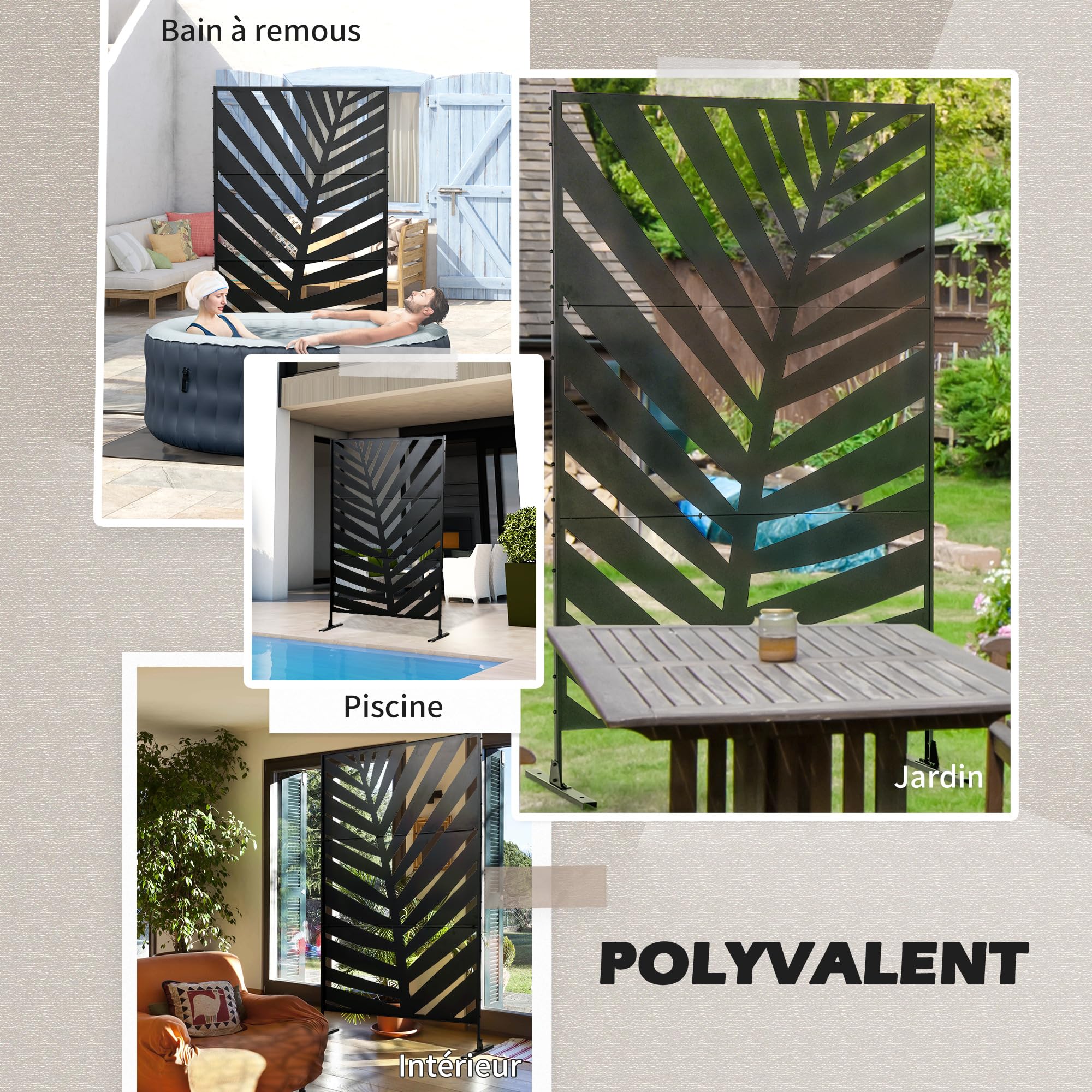 Outsunny Paravent Séparateur de Jardin 3 Panneaux 122 x 45 x 198 cm Noir | Cloison de Séparation, Décoratif à Motif Végétal, Extérieur, en Acier