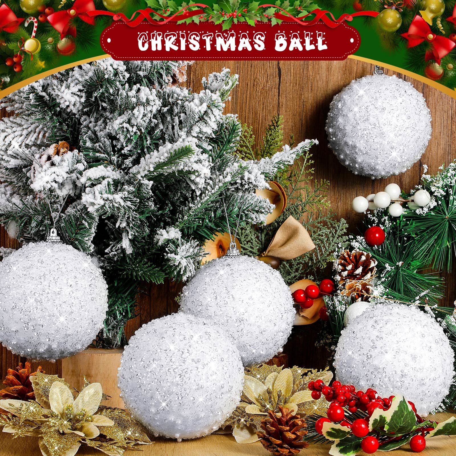 BBTO Lot de 8 boules de Noël blanches à paillettes à suspendre pour sapin de Noël, mariage, fête, décoration d'intérieur de 10,2 cm