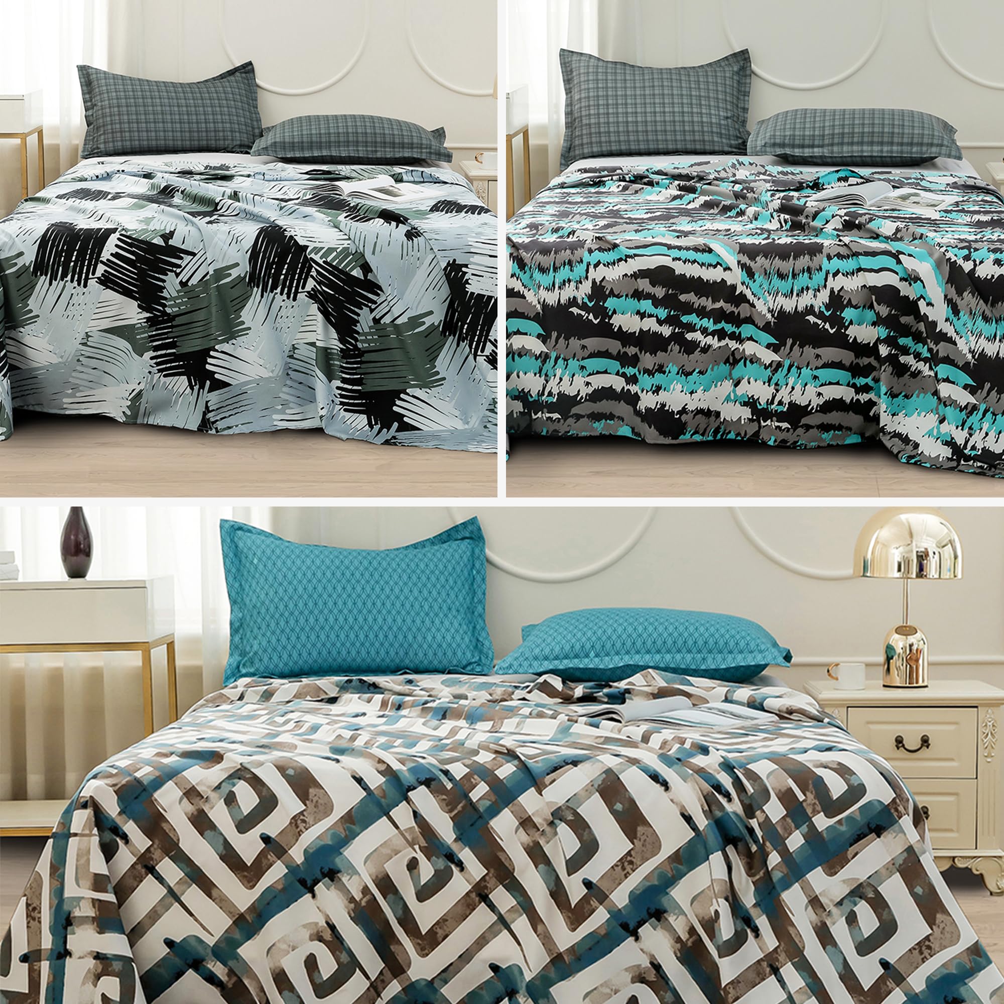 Story@Home 300 TC Tevel Collection King Size Bedsheet Cotton with Two Pillow Covers, Black & Yellow, Pattern: Abstract