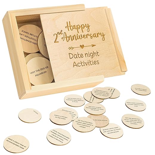 STOFINITY 2 Year Anniversary Wood Gifts for Him Her - 2nd Wedding Gift Anniversary for Couple, Two Year Anniversary Wooden Gift for Boyfriend Girlfriend, Happy Second Year Marriage Date Night Box