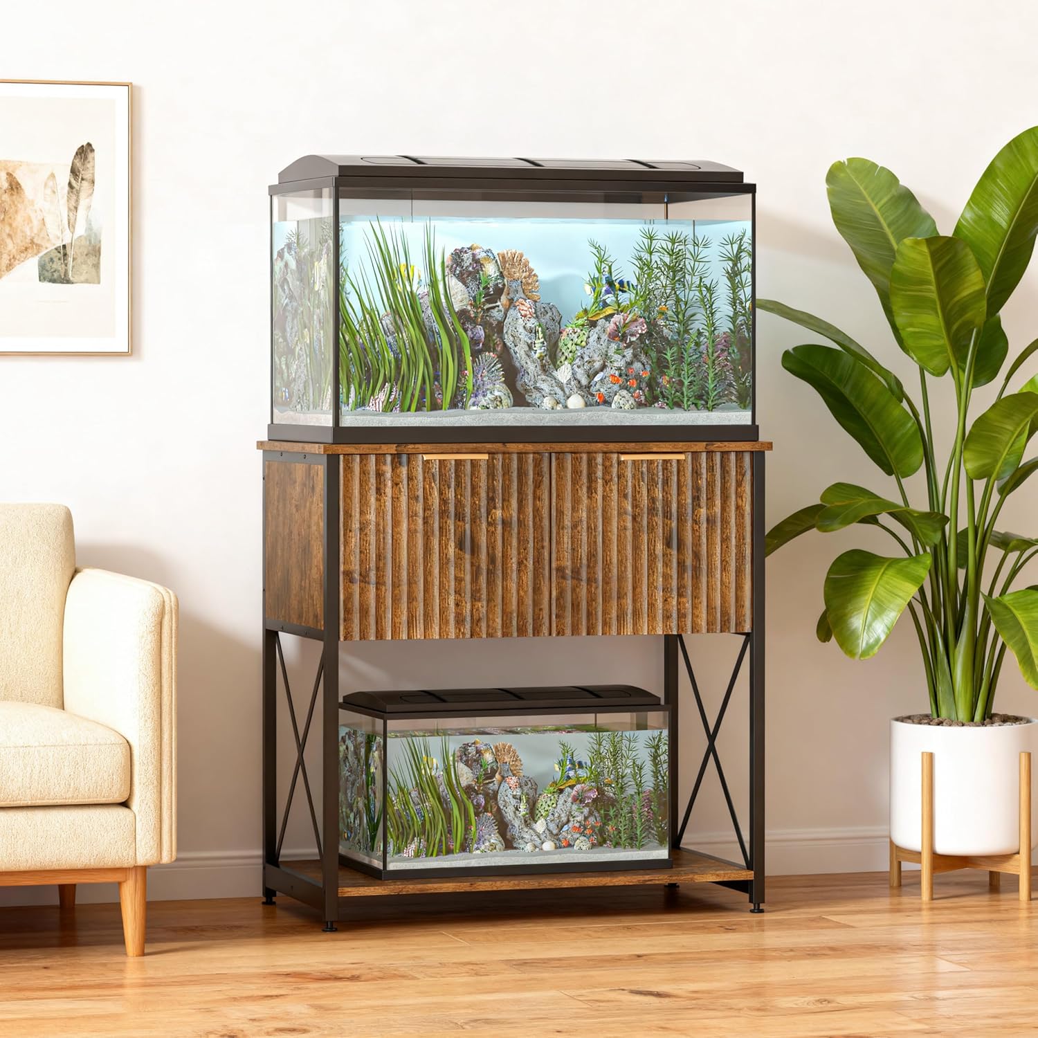Piskyet 20-29 Gallon Fish Tank Stand,Metal Frame Aquarium Stand,Cabinet for Fish Tank Accessories,350Lbs,Rustic Brown