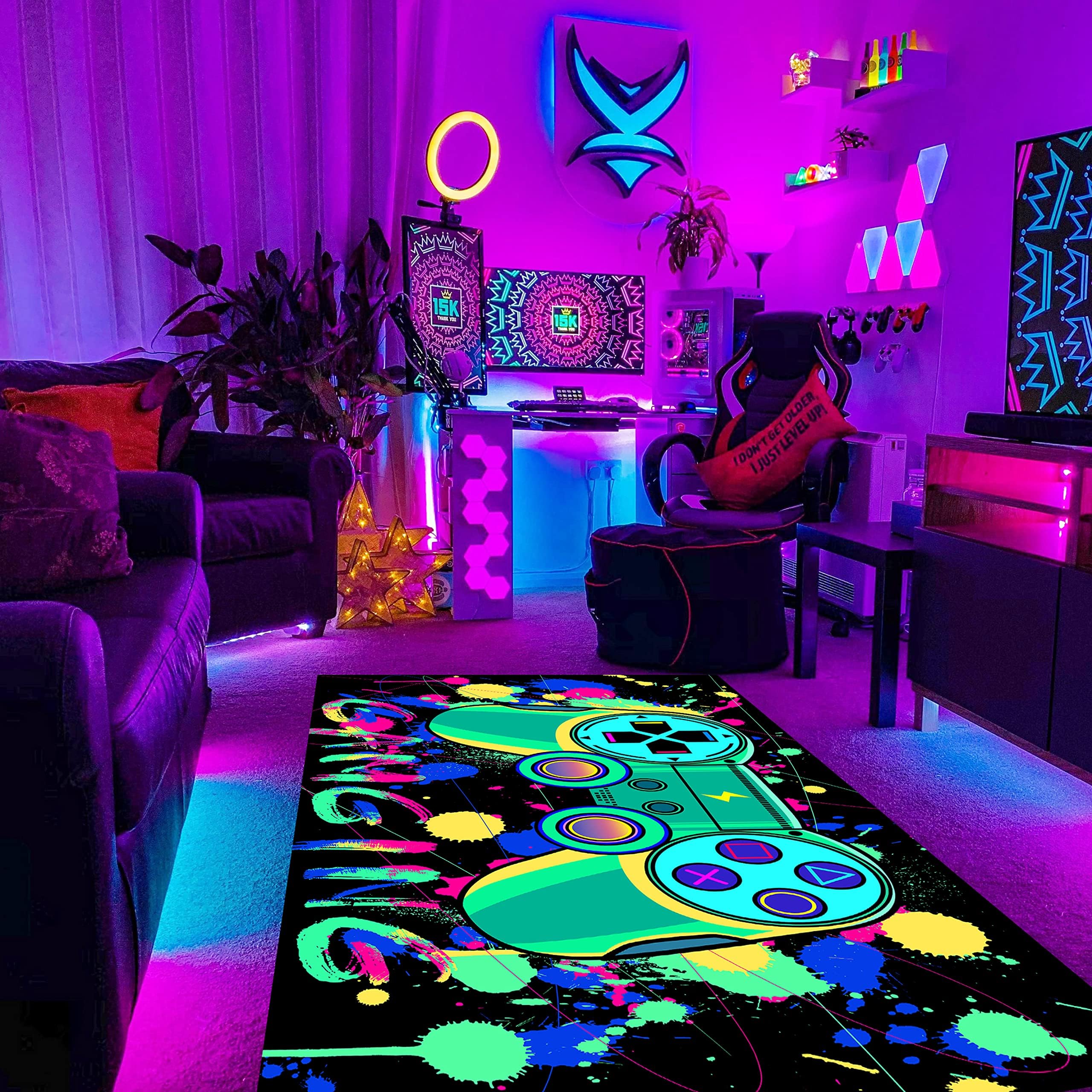 HOLAVIDA Blacklight Gaming Area Rug, Neon UV Reactive 3D Game Controller Carpet, Non-Slip Luminous Fluorescent Play Mat - Image 4