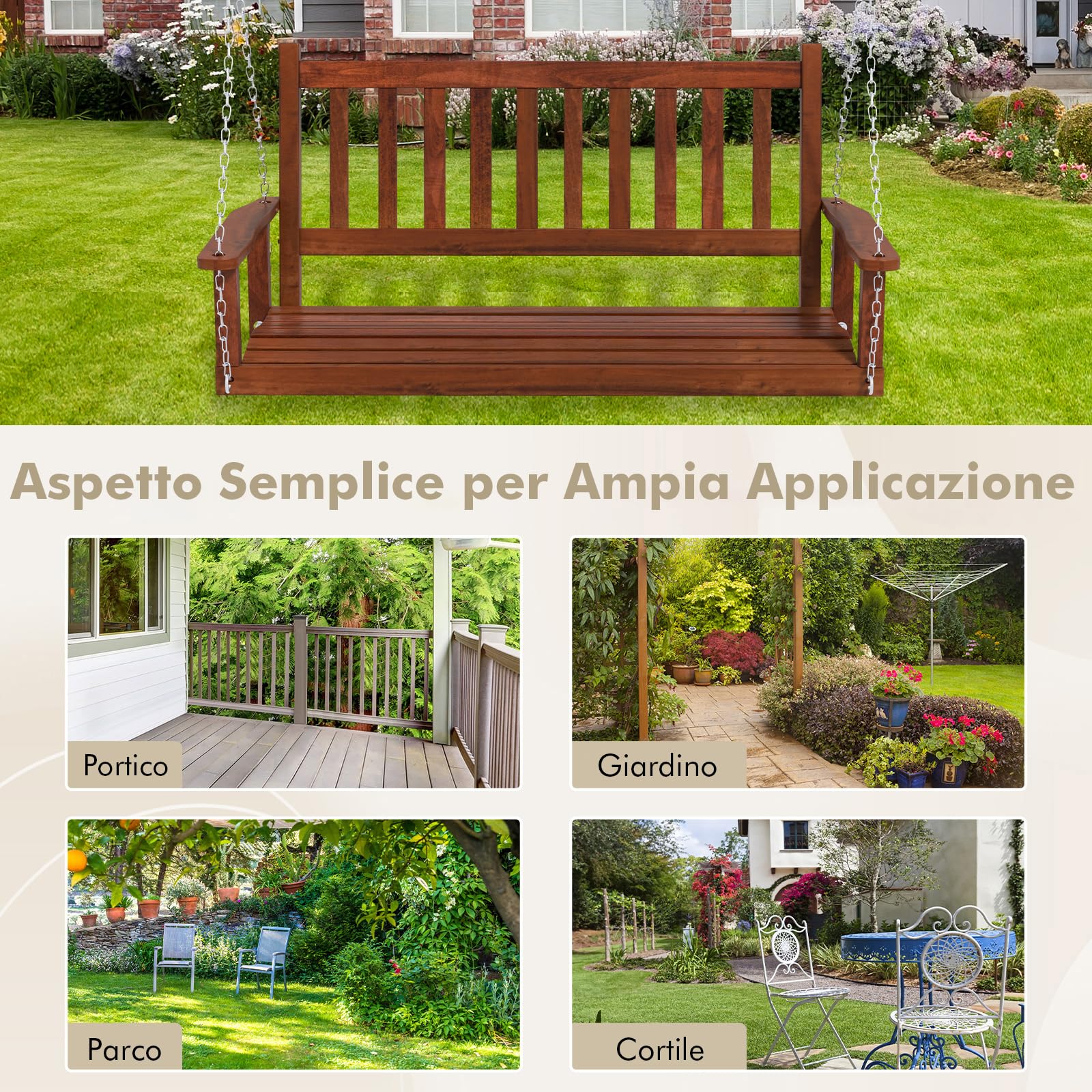 COSTWAY Altalena da Giardino in Legno per 2 Persone, Panchina Sospese in Legno con Capacità di Peso di 230 kg, Sedia a Dondolo per Giardino, Cortile (Marrone, 136 x 67 x 63 cm)