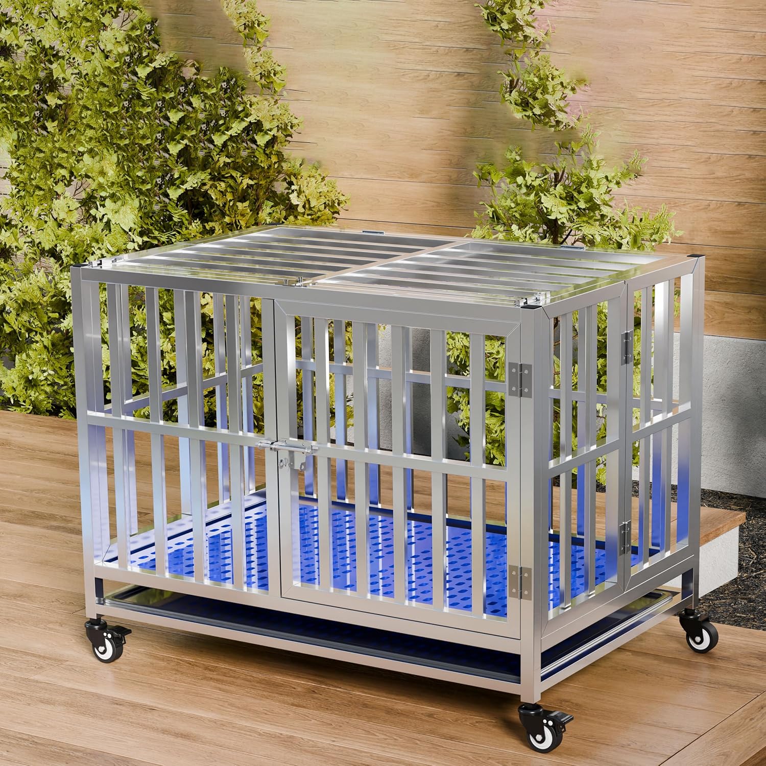 Collapsible Stainless Steel Dog Crate, 30" 37" 42" 48" Sizes, Lockable Wheel, with Tray, Stackable, Heavy Duty, Divider, Indoor and Outdoor (S-30in)