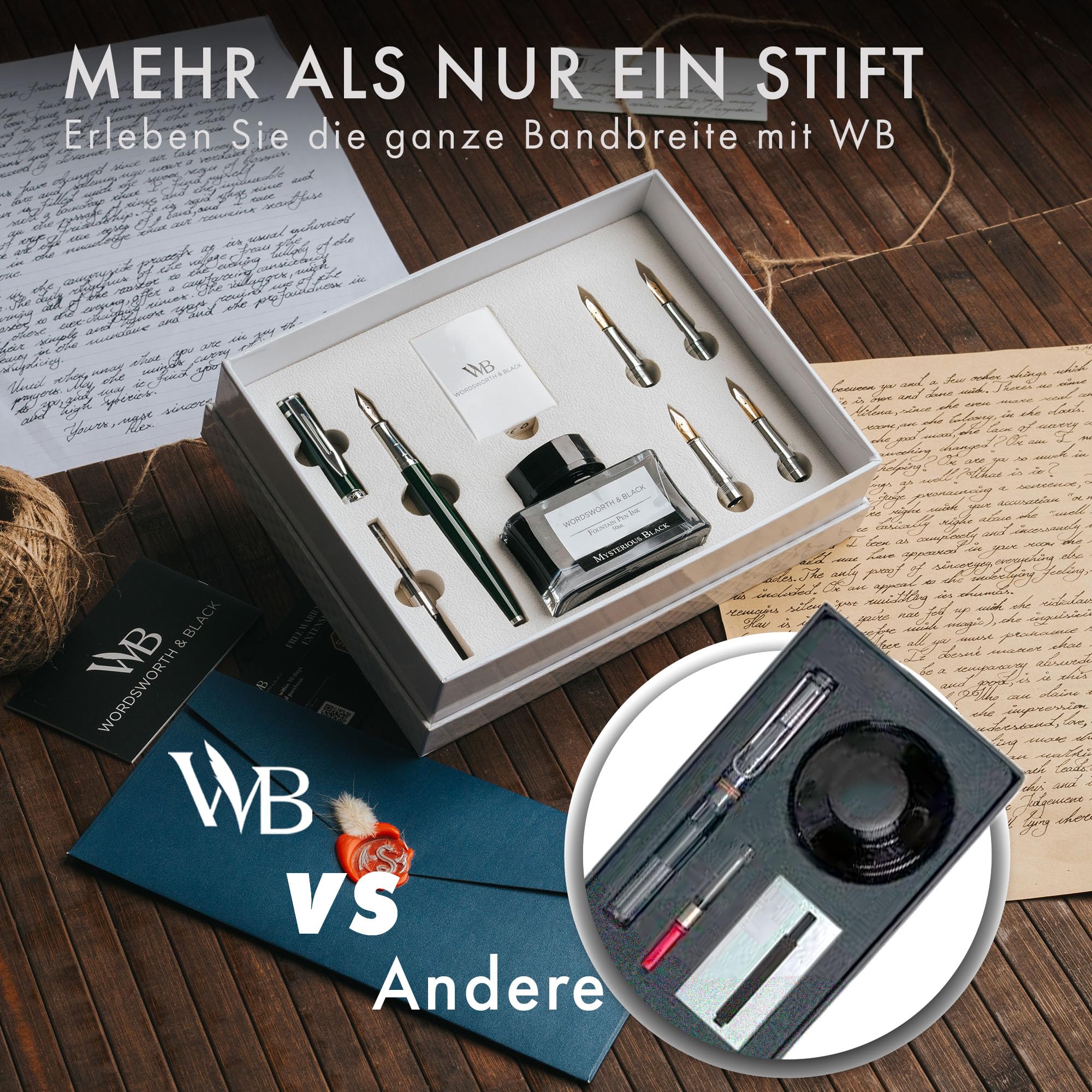 Wordsworth & Black Füllfederhalter-Geschenkset, beinhaltet Tintenflasche, 6 Tintenpatronen, Tintenauffüllkonverter, 4 Ersatzfedern, Premium-Paket, Journaling, Kalligraphie, [Grüner Chrom]