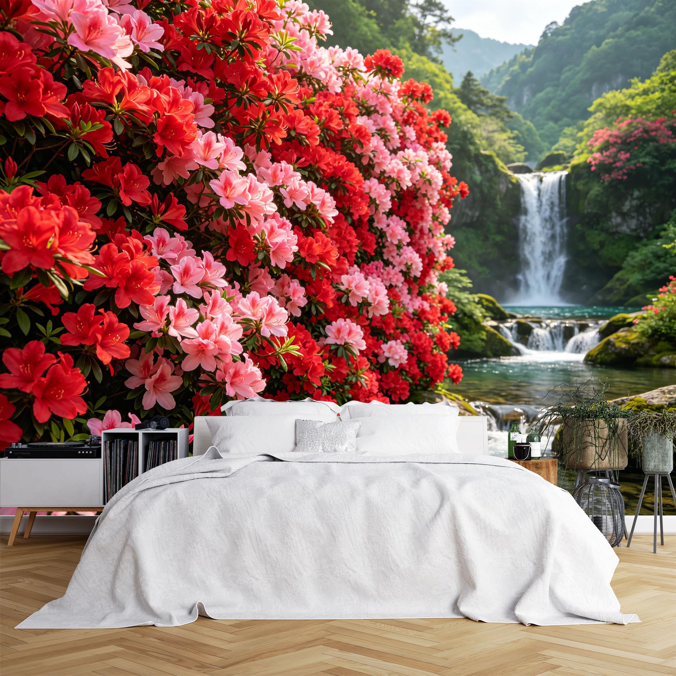 Lcythiazole Ch260615142 Custom Size Wall Murals Azalea Flower Cliff Waterfall Valley Landscape Wall Murals Floral Wallpaper Wall Stickers Self-Adhesive Removable Wallpaper For Entryway Patio