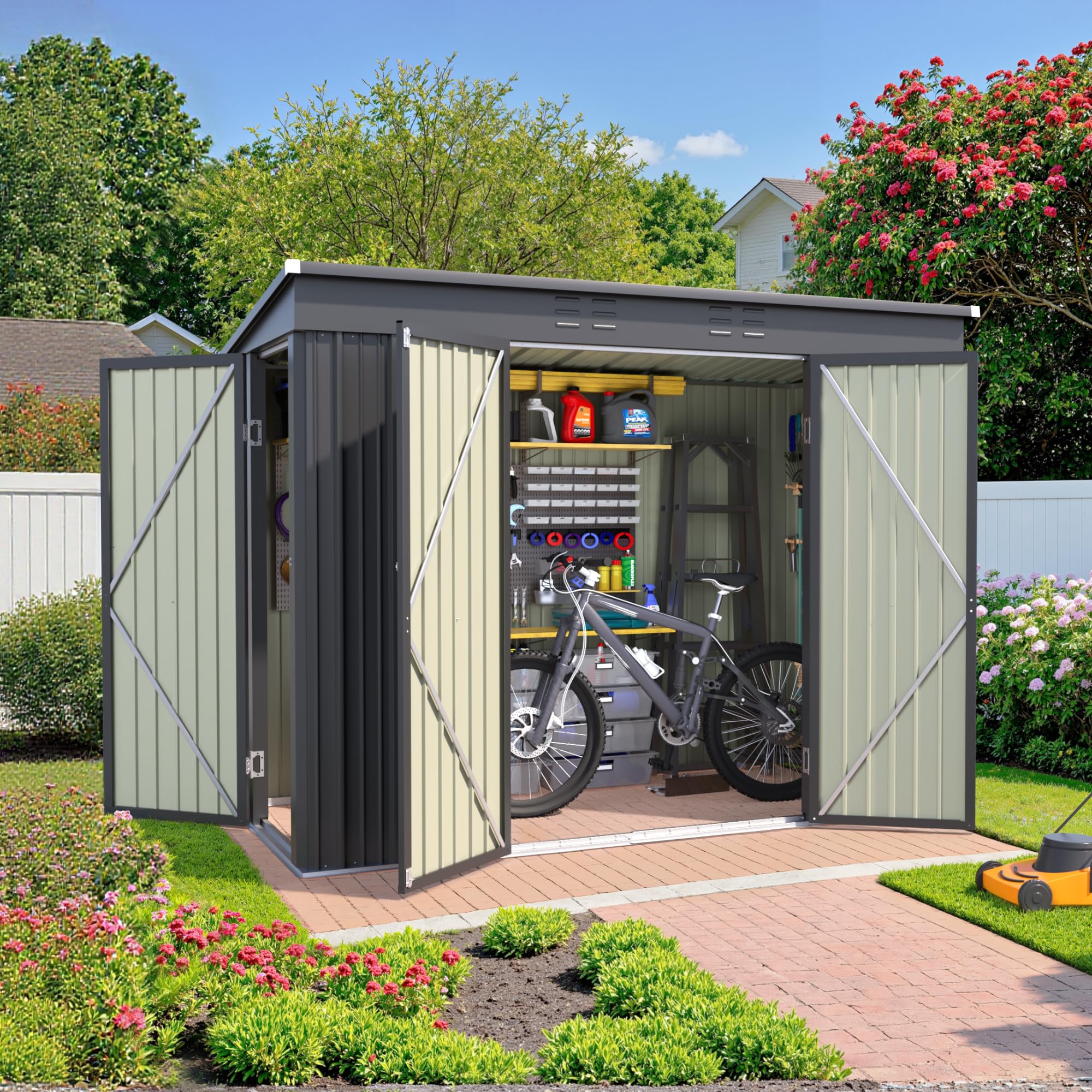 A black JUMMICO 8x4 FT Outdoor Storage Shed with its three doors closed, situated in a backyard setting.