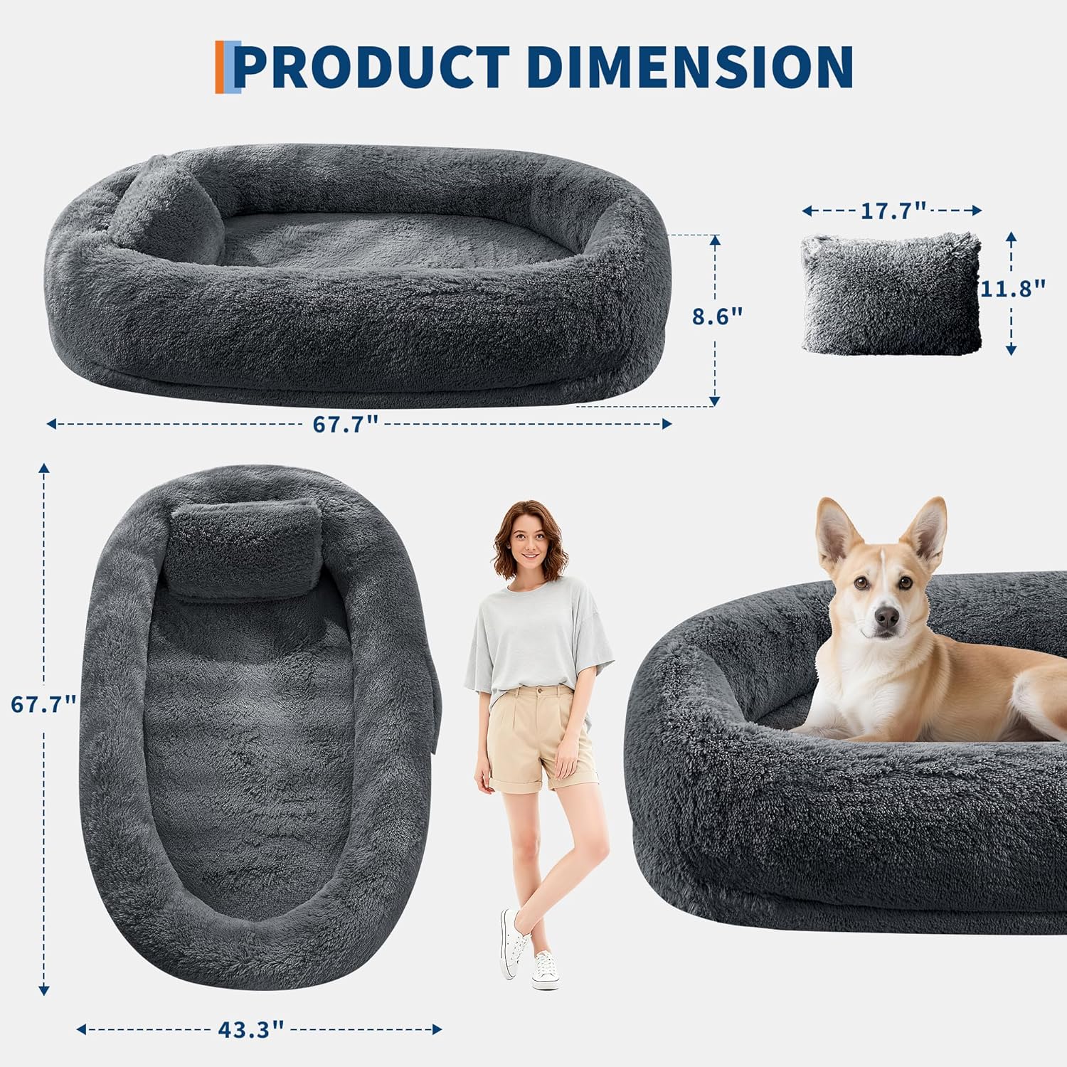 Human Dog Bed for Adults & Pets, 67.7" × 43.3" Large Giant Size Dog Bed with Pillow, Washable Faux Fur Removable Nap Bed Bean Bag with Handle Side Pocket