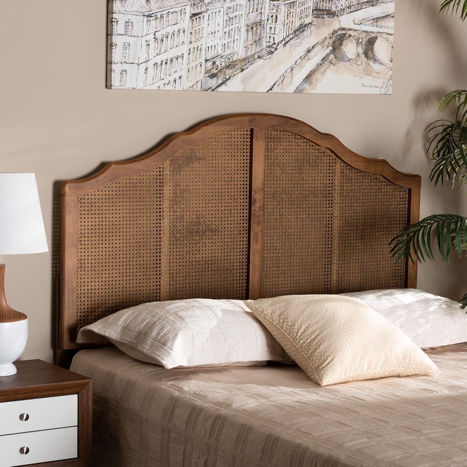 Baxton Studio Iris Vintage Classic and Traditional Ash Walnut Finished Wood and Synthetic Rattan Queen Size Arched Headboard