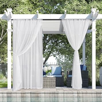 RYB HOME 2 Layers White Outdoor Sheer Curtains for Patio Waterproof, Privacy Added Voile Sheer Light Filtering Outdoor Decor Indoor Curtains for Porch Pergola Living Room, W54 x L84, White, 2 Panels