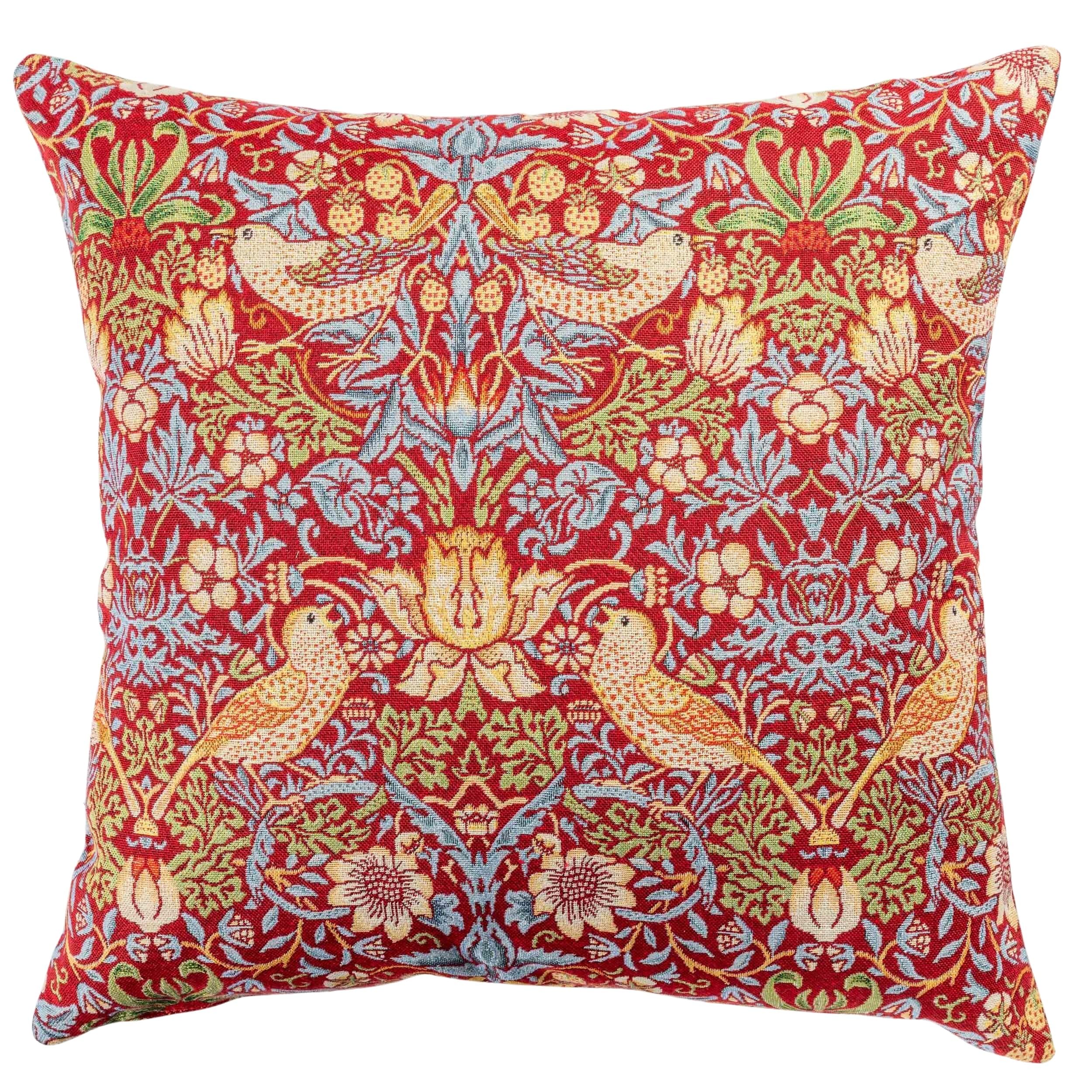 Linen Loft Red William Morris Strawberry Thief Tapestry Extra-Large Cushion Cover In Vintage Arts And Crafts Style With Birds, Berries & Leaves. 23X23 Xl Square Cover Only