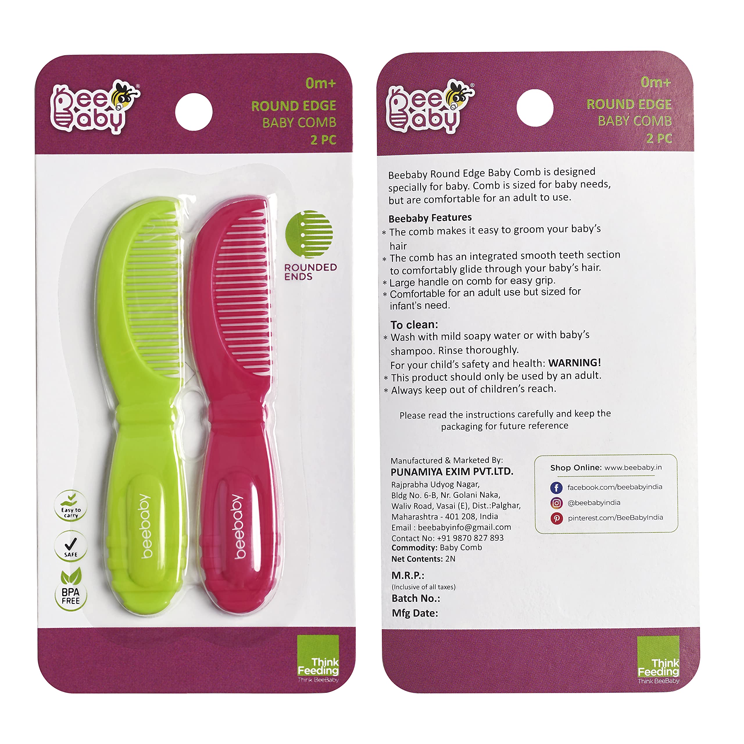 BeeBaby Round Edge Baby Comb. Pack of 2. (Pink & Green) 0M+ 3