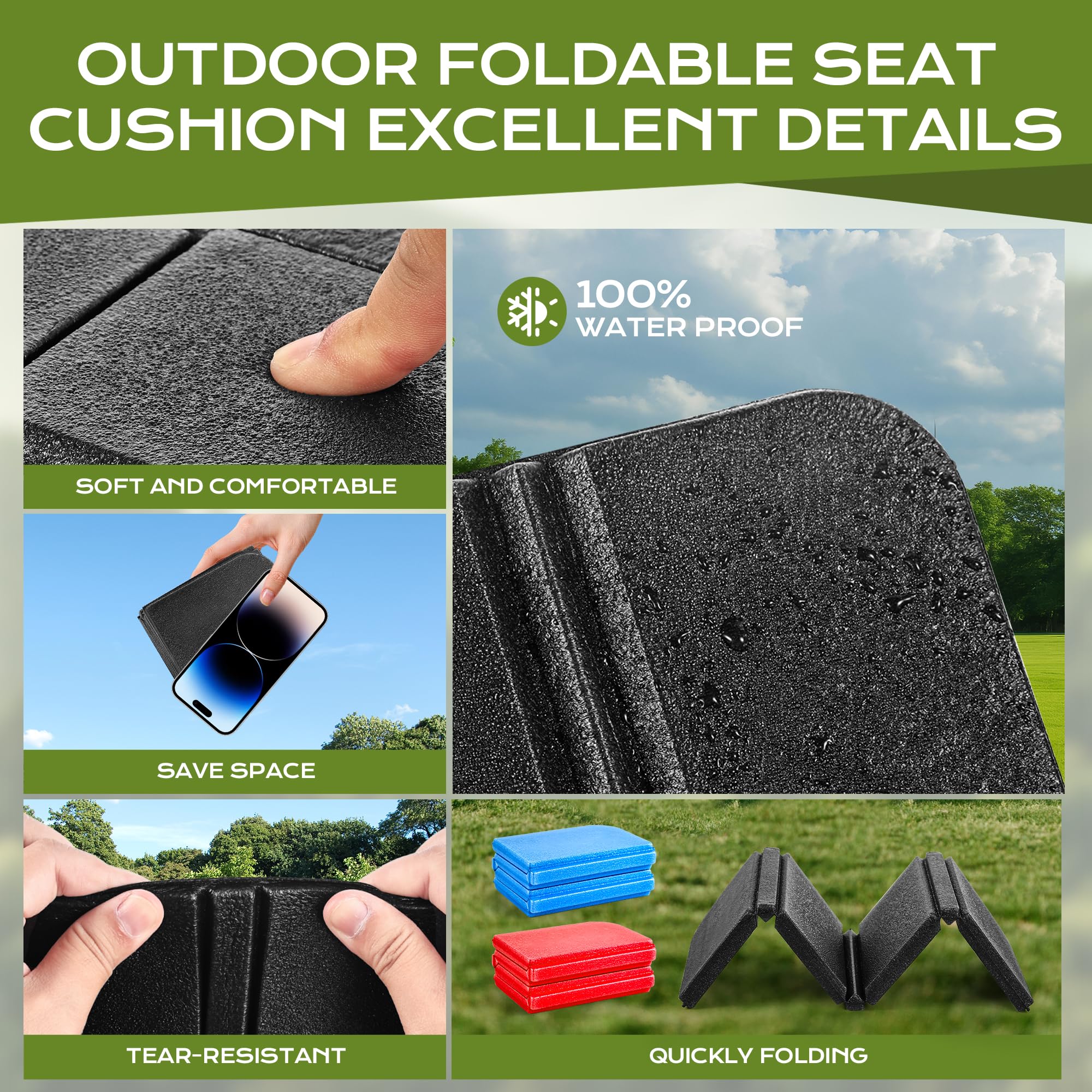 WUFANC Set di 2 cuscini per esterni pieghevoli, resistenti alle intemperie e impermeabili, per bambini, leggeri e compatti, per escursioni, campeggio, stadio, picnic e giardino (rosso + nero)