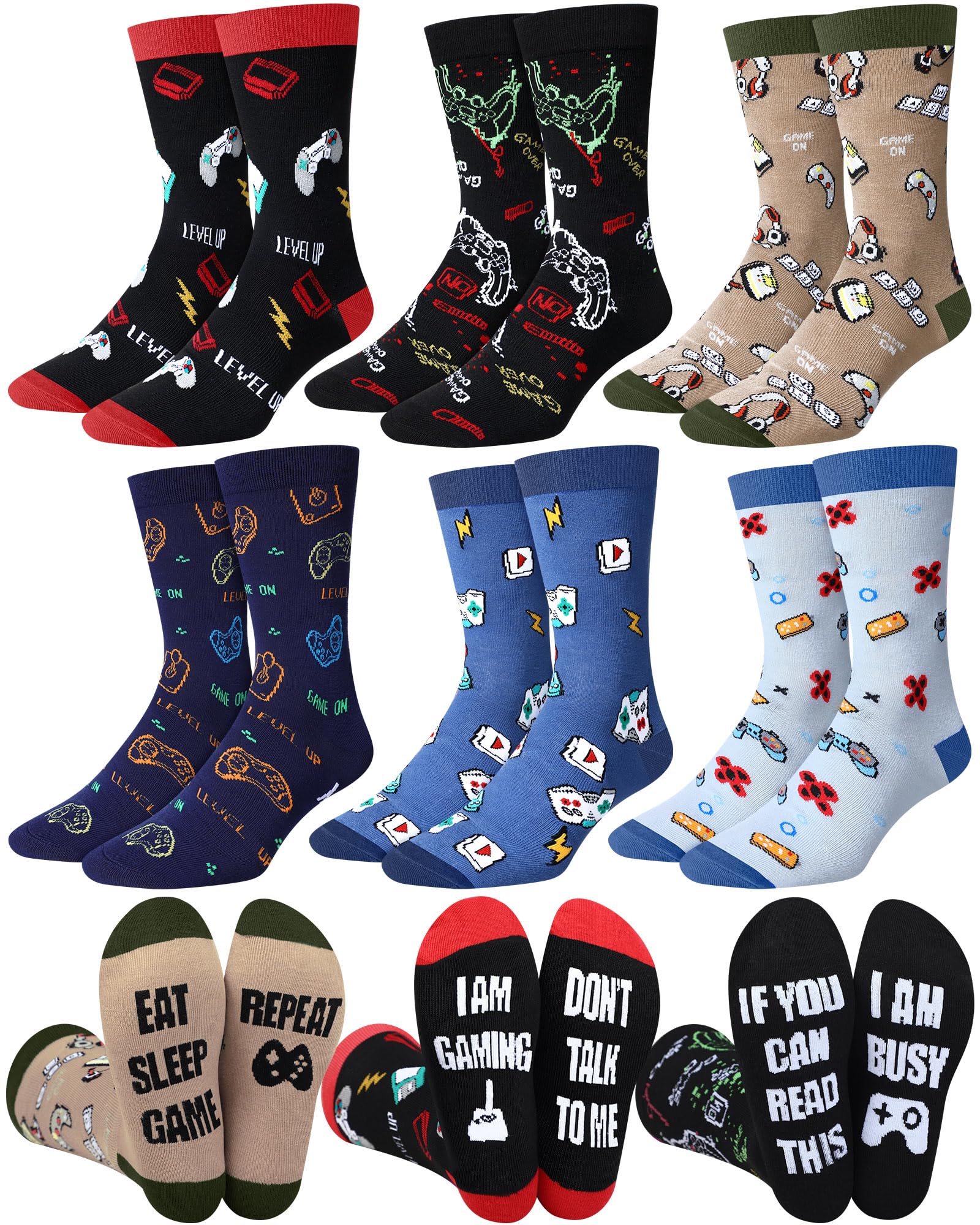 Liitrsh 6 Pairs Funny Gaming Socks for Men Gamer Crew Socks Novelty Video Game Gifts for Gamers Easter Fathers Day Gift