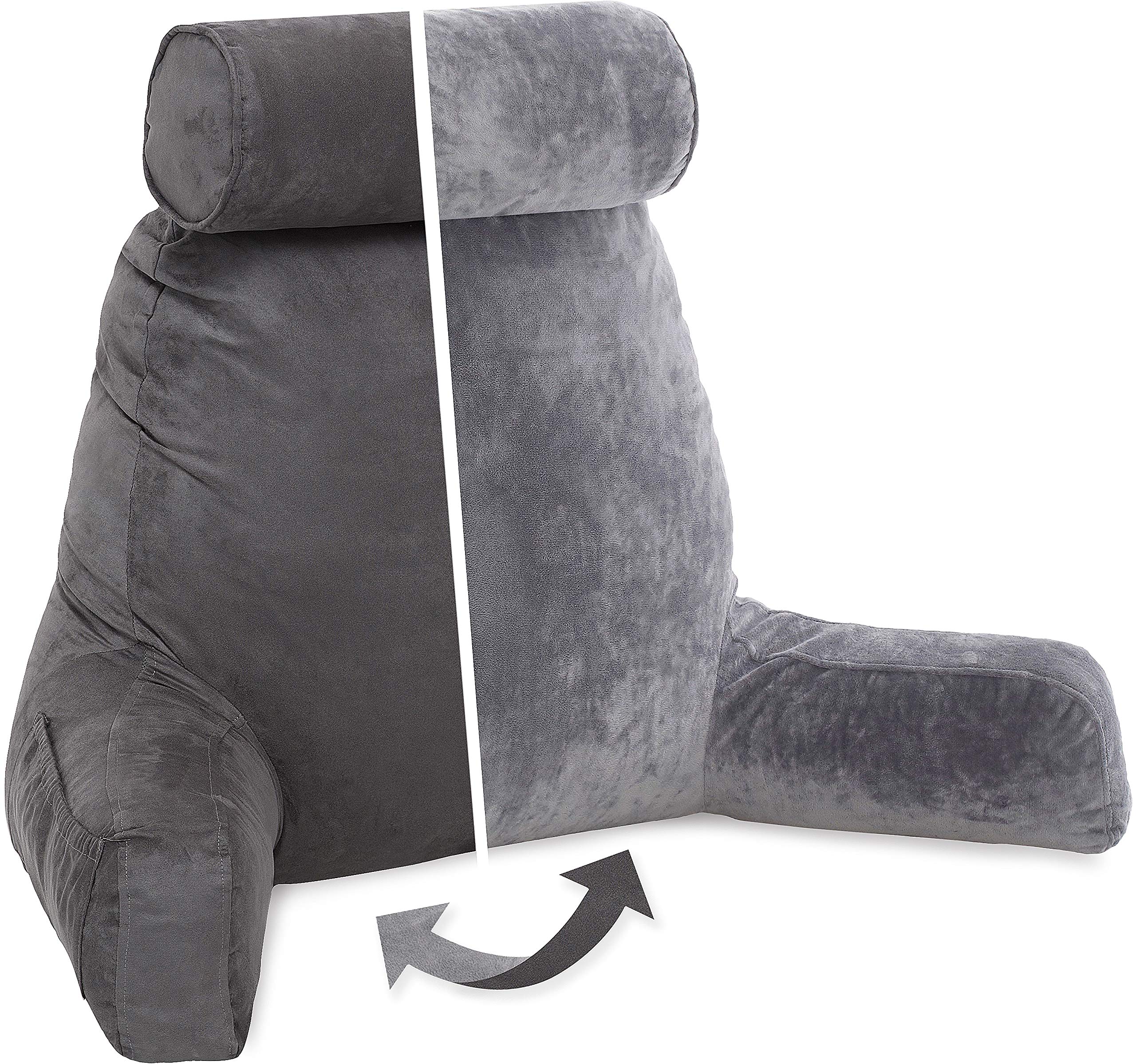 Husband Pillow XXL Aspen Edition, Adult Reading Sit Up Bed Rest Pillow for Bed with Arms & Neck Roll on Bungee Cord - Premium Memory Foam - Reversible 2 Sided Cover Micro Suede or Plush, Iron Grey