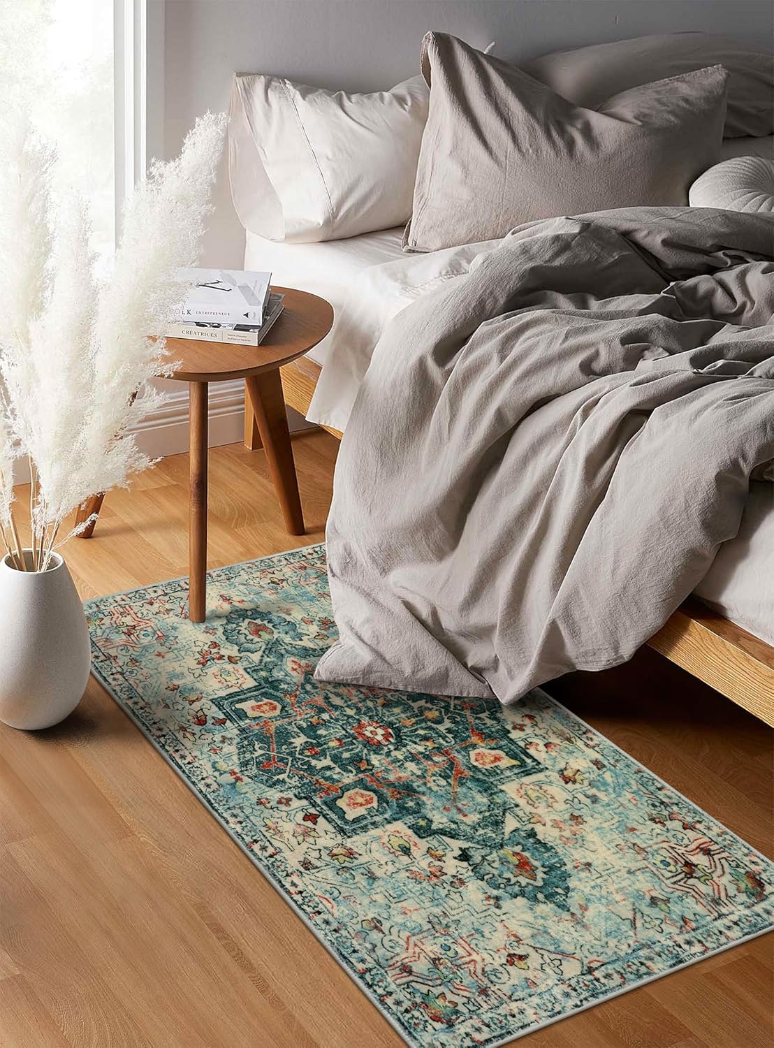 Wonnitar Boho Laundry Rug Runner, 2x4.3 Washable Entryway Runner Rug Non-Slip Distressed Soft Bathroom Mat, Bohemian Low Pile Kitchen Carpet Runners for Entrance Bedroom Closet (Dark Green,2'x4.3')