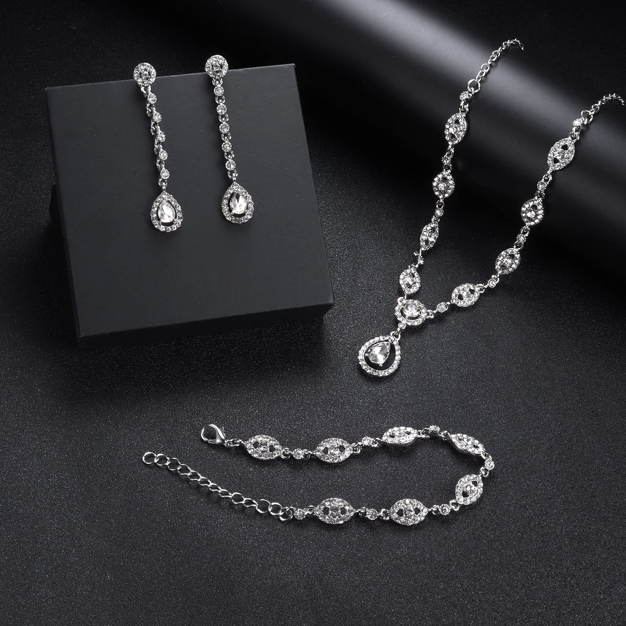 YADOCA Wedding Bridal Jewelry Set For Women Silver Prom Costume Jewelry Sets Rhinestone Crystal Teardrop Necklace Earrings Bracelet Bridesmaid Jewelry Accessories Blue Silver Red Rose Gold