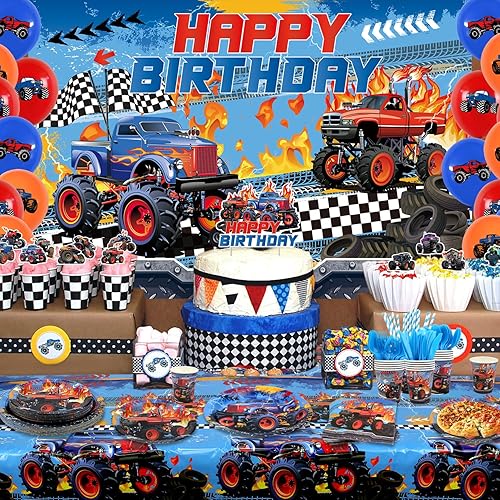Miniatura 7 de KEFAN Suministros para fiesta de cumpleaños de Monster Truck, juego de decoraciones de fiesta de camión monstruo que incluye telón de fondo, platos,