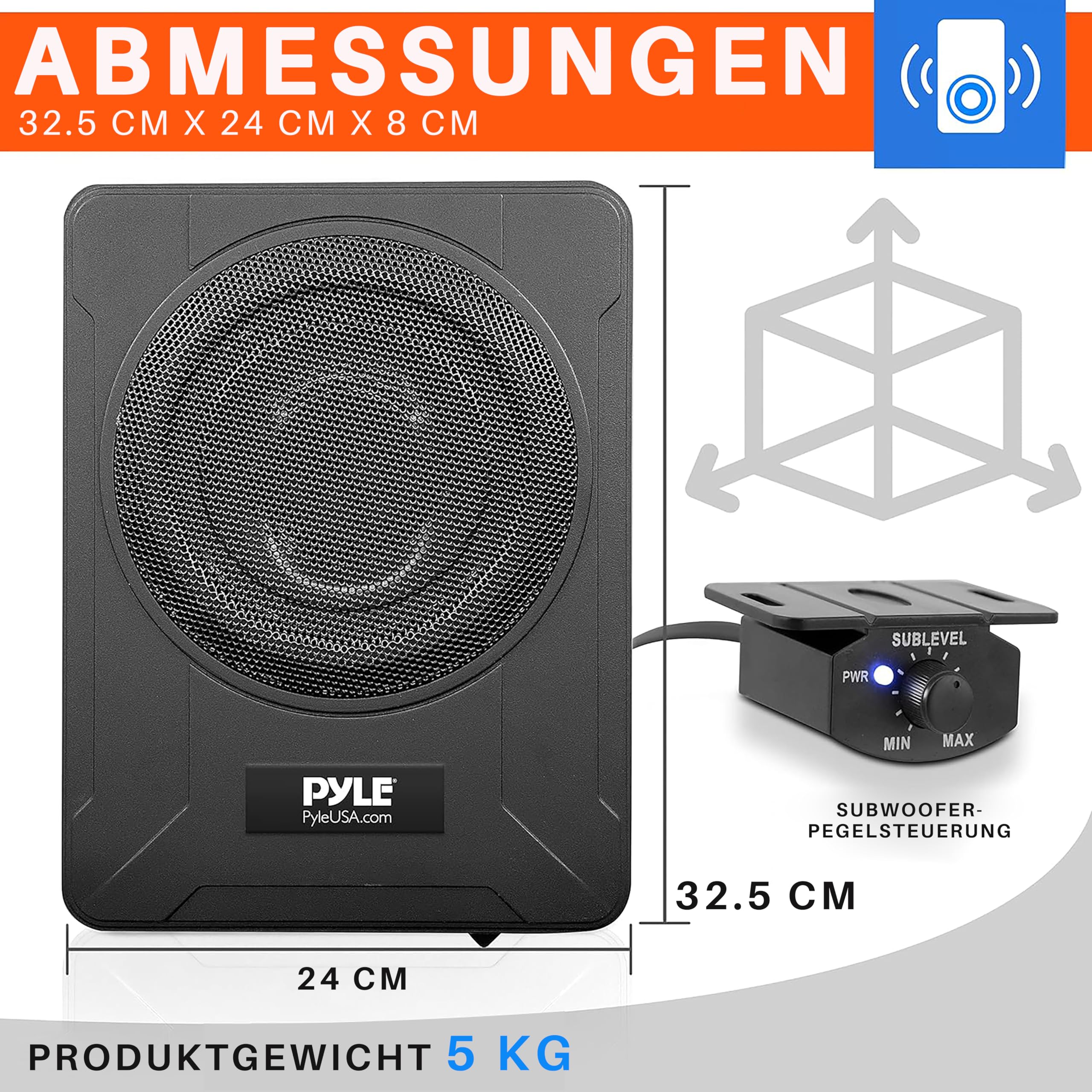 Pyle 600W Untersitz Subwoofer Aktiv – 8" Flacher Auto Lautsprecher mit Verstärker – Car & Marine Speakers mit Variabler Bassboost inkl. Montagematerial & Fernbedienung – Schlankes Design in Schwarz