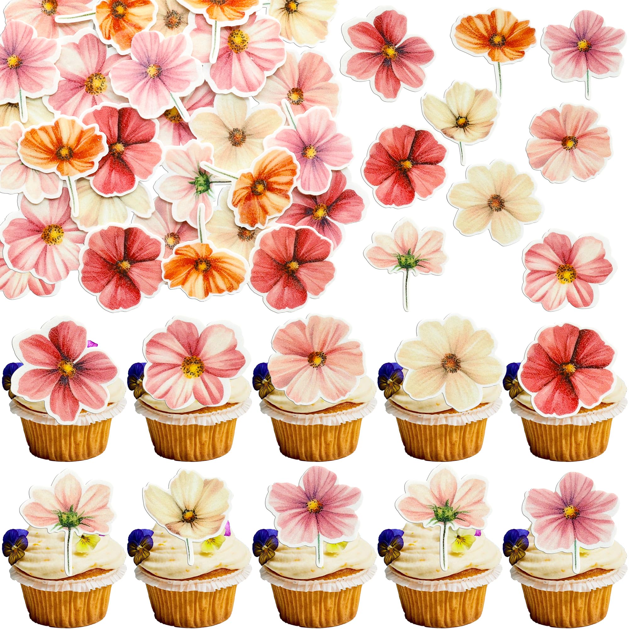 Ephlyn 50Pcs Edible Flower Cupcake Toppers Wafer Paper Spring Bridal Engagement Baby Shower Birthday Party Cupcake Picks Anniversary Party Decorations