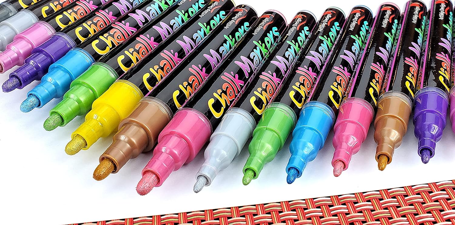18 Metallic Chalk Markers - Double Pack of Both Fine and Reversible Medium Tip Liquid Chalk Pens Wet Erasable - Menu Boards, Glass, Windows, White Boards, Mirrors, Chalk Boards, Plastic - Image 4