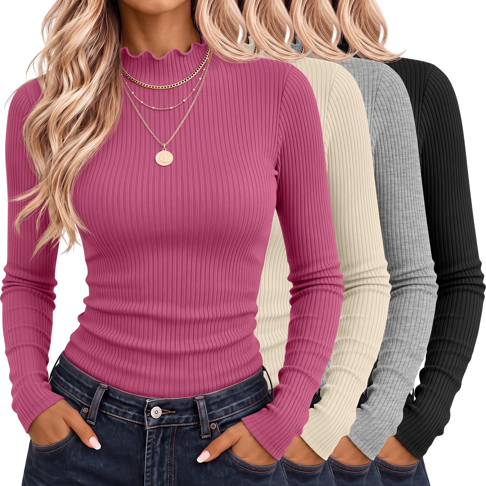 Riyiper 4 Pack Womens Cotton Mockneck Ribbed Long Sleeve Tops