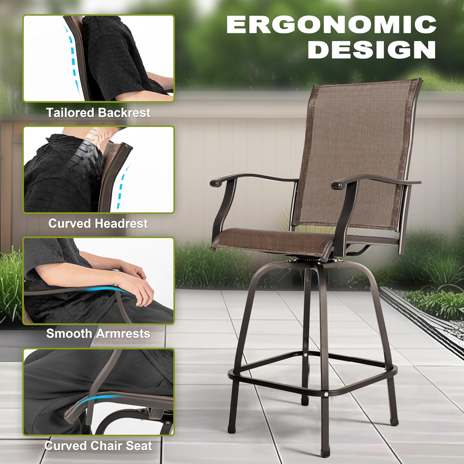 NUU GARDEN Outdoor Swivel Bar Stools Set of 2, Textilene Patio Swivel Bar Stools with Backrest, Patio Bar Height Outdoor Chairs 360 Degree Swivel, Black and Brown