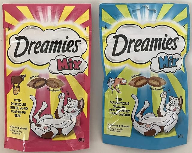 Dreamies Cat Treats Mix Bundle - 2 Flavours - Delicious Cheese & Tempting Beef and Scrumptious Salmon & Heavenly Tuna 60g (one of each)