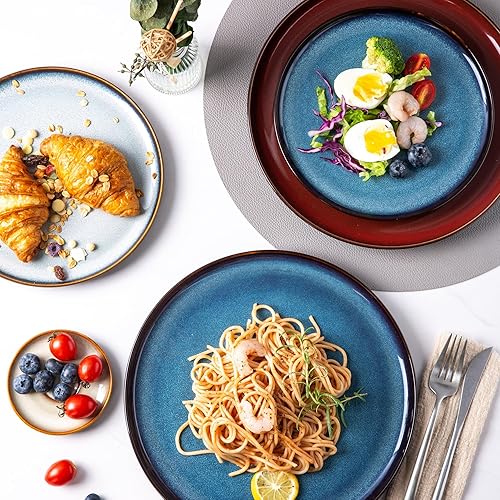 Miniatura 2 de Juego de 6 platos de cerámica de 8.5 pulgadas, platos de ensalada de porcelana ligera de esmalte reactivo, juego de vajilla de forma moderna para
