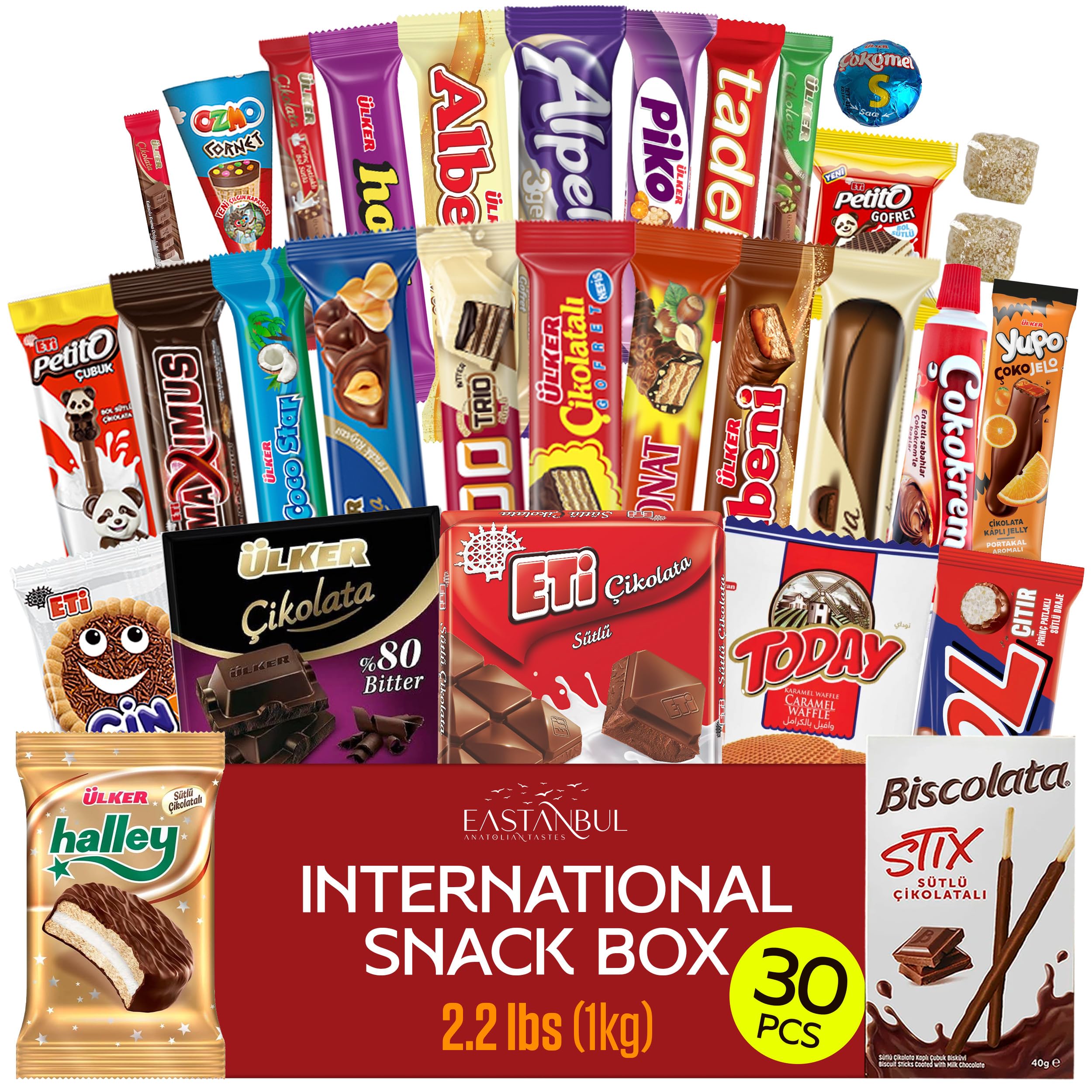 Eastanbul International Snack Box, 30 Chocolate Assortment Bars, Turkish Exotic Snacks, Assorted Candy Variety Pack of Foreign Snacks Exotic Candy Box of Assorted Chocolate
