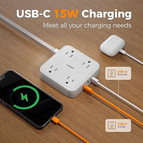 Miniatura 4 de TESSAN - Cable de extensión con enchufe plano, de 9.8 pies, 4 salidas, 3 puertos USB, cable de alimentación largo, estación de carga montada en la