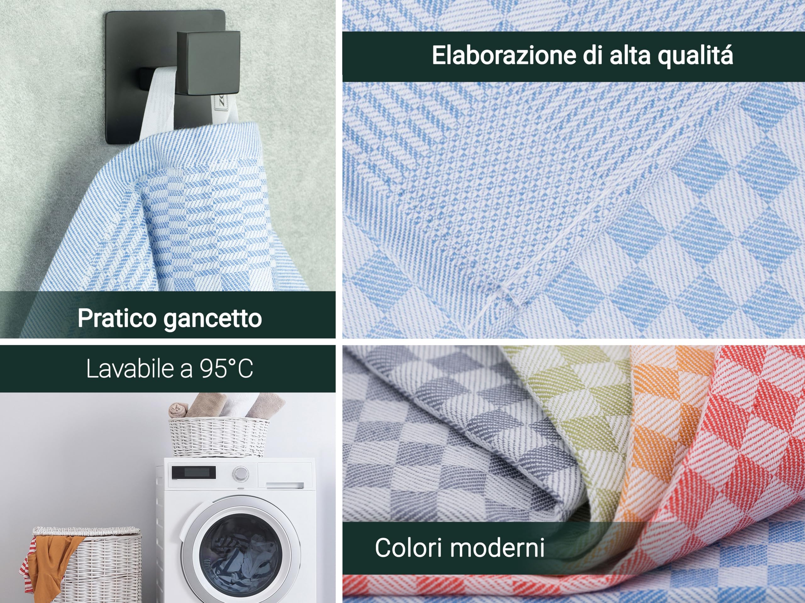 10 Strofinacci In Cotone 46x70cm - Super Assorbenti, Qualità Gastronomica, Lavabili A 60°C, Quadretti Neri - Foto 2