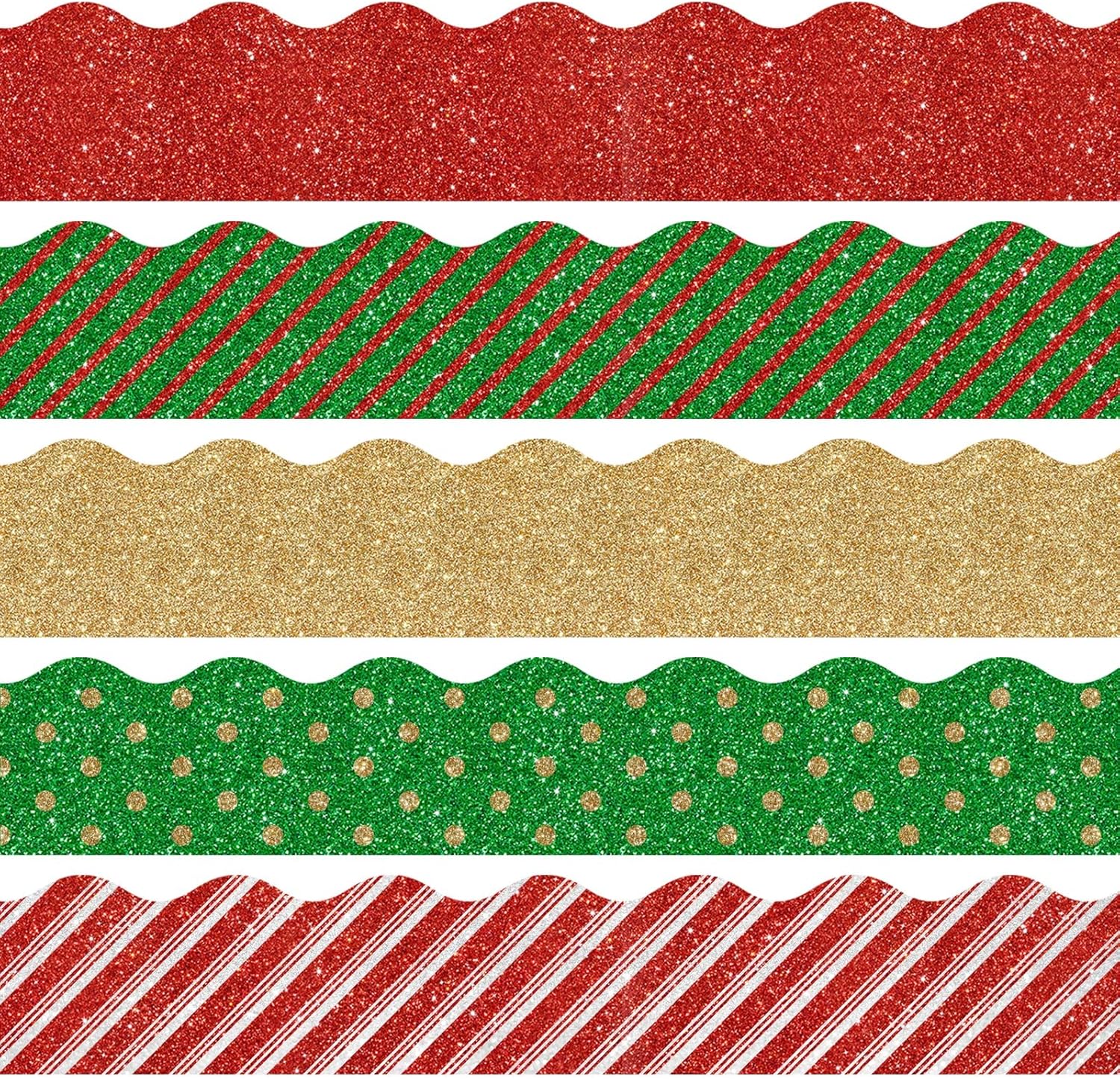Whaline 69Ft Christmas Glitter Bulletin Board Borders 5 Designs Shine Stripe Dot Red Green Gold Merry Christmas Decoration Trim Bulletin Board Stickers for School Classroom Office Party Decoration