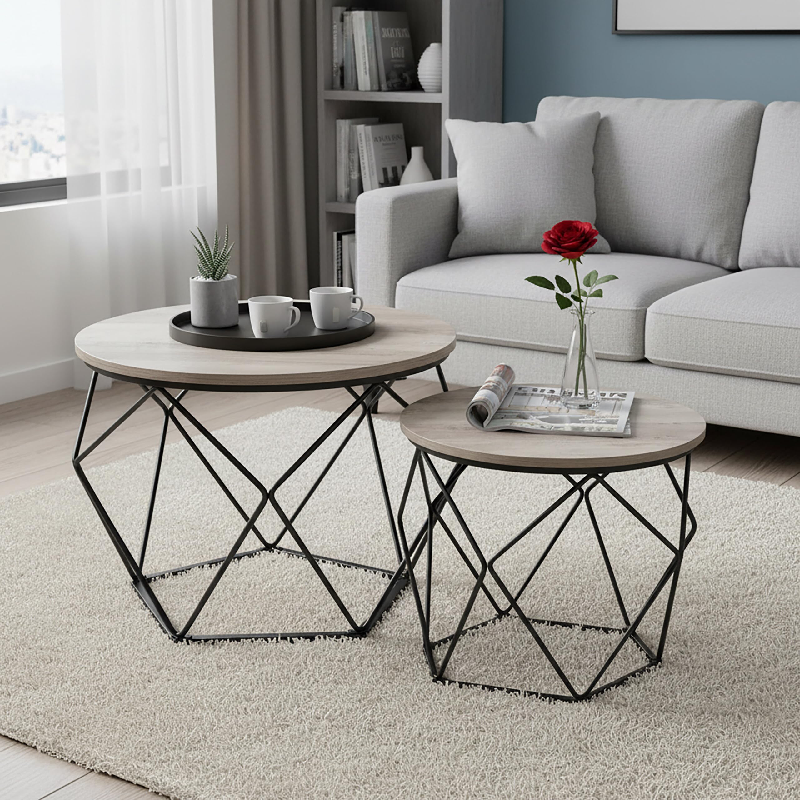 Relaxdays Set 2 Tavolini Rotondi Effetto Legno e Metallo Design Vintage Marrone/Nero 50x40x40 cm