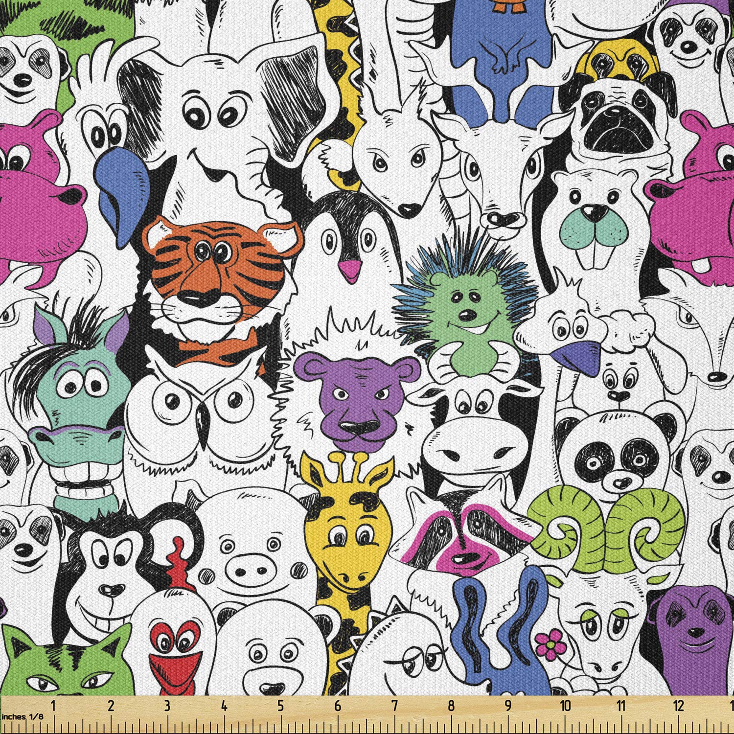 Lunarable Psychedelic Fabric by The Yard, Tropical Wild Savannah Zoo Animals Pattern Tiger Giraffe and Owl Room Fun, Stretch Knit Fabric for Clothing Sewing and Arts Crafts, 2 Yards, Purple Black