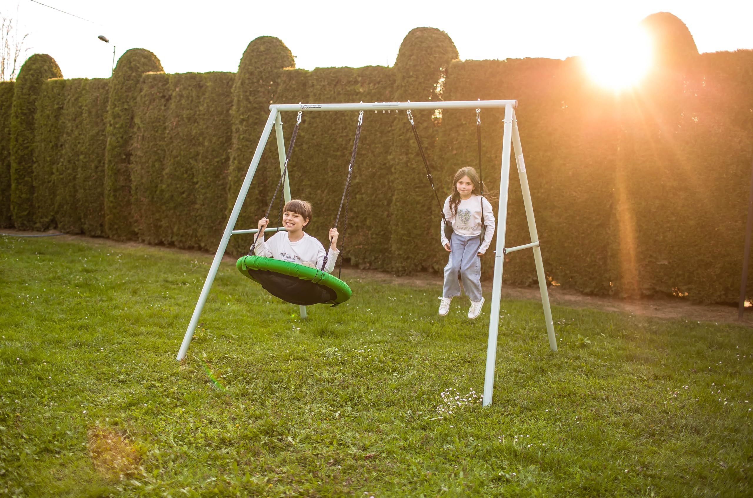 HyperMotion Columpio Infantil Doble para Jardín Exterior - Asiento y Nido de Cigüeña Ajustable con Estructura en A - para 2-3 Niños, Carga 200kg, Resistente UV