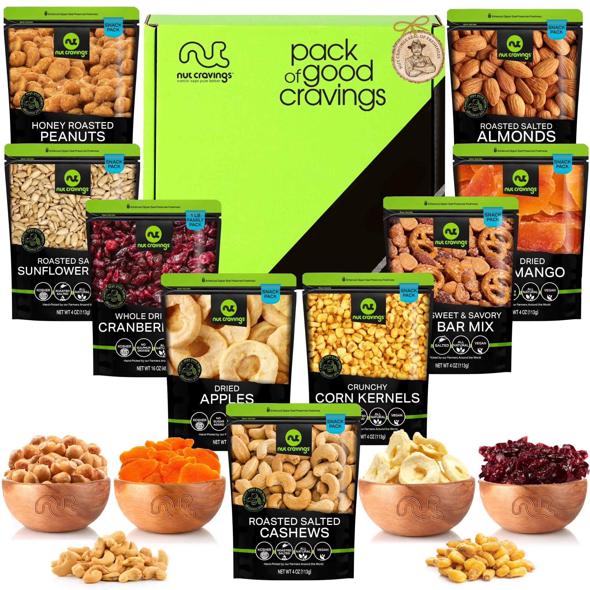 NUT CRAVINGS - Valentines Day Dried Fruit & Mixed Nuts Basket in Green Box (9 Assortments of 4 oz, 2.25 lb) Xmas Treats for Adults, Food Arrangement, Healthy Snack Care Package, Kosher