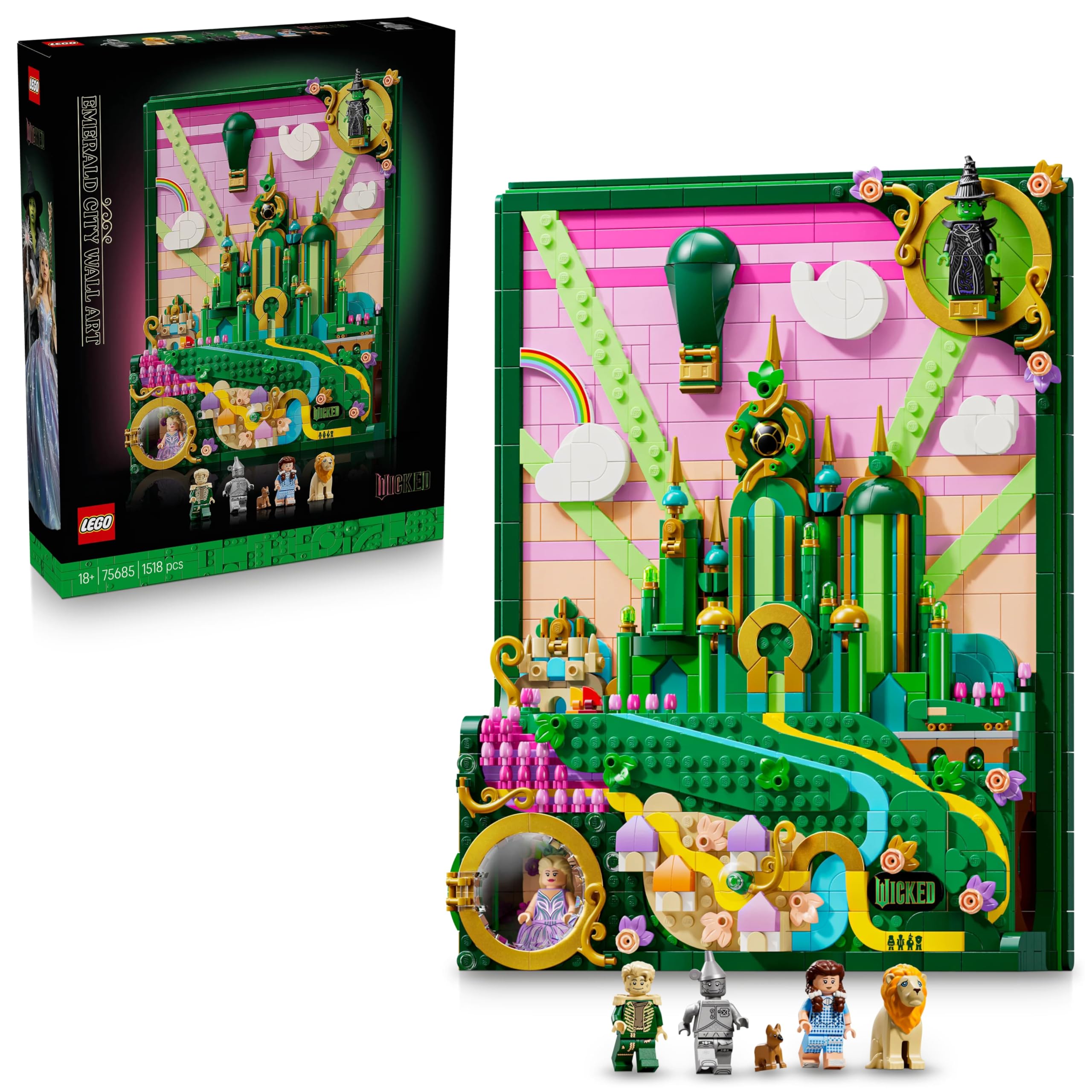 LEGO Wicked Obraz Emerald City 75685 | Obraz z klocków, dekoracja ścienna z efektem 3D, prezent Wicked dla fanów filmu, dla kobiet i mężczyzn, 1518 elementów