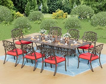 9 Pieces Outdoor Dining Set Cast Aluminum Patio Dining Set for 8, 86.6" Rectangular Table and 8 Pattern Chairs with Cushions, Patio Funiture Set for Backyard, Patio, Garden Red