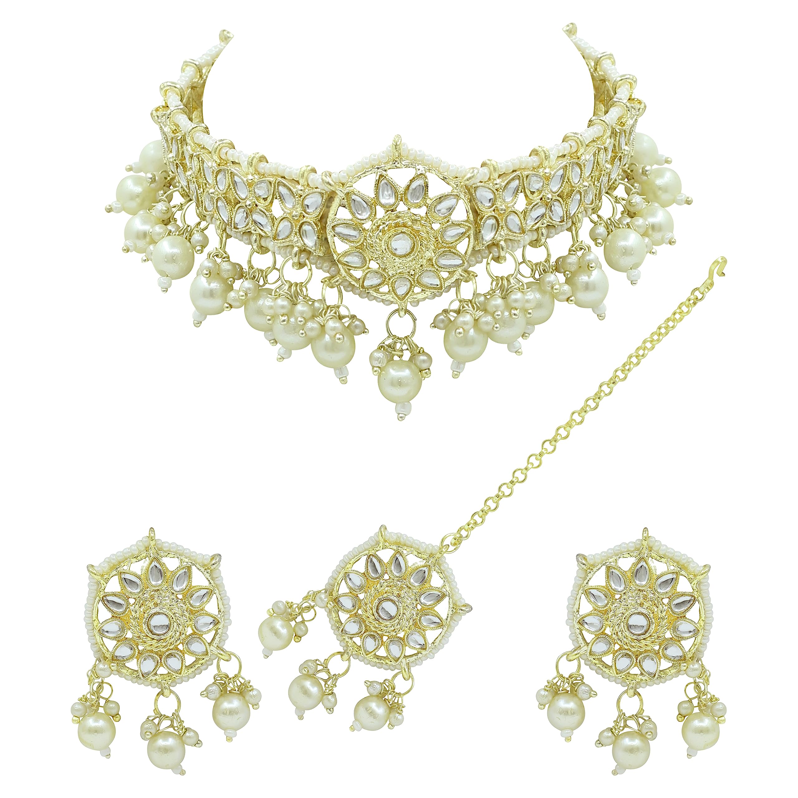Klassisches Glamour Kundan Patti Choker-Set mit Perlen für Damen und Mädchen, goldfarben