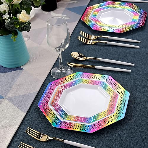 Miniatura 6 de supernal 60 platos de plástico arcoíris, platos desechables blancos con diseño de encaje arcoíris, incluyendo 30 platos llanos, 30 platos de postre