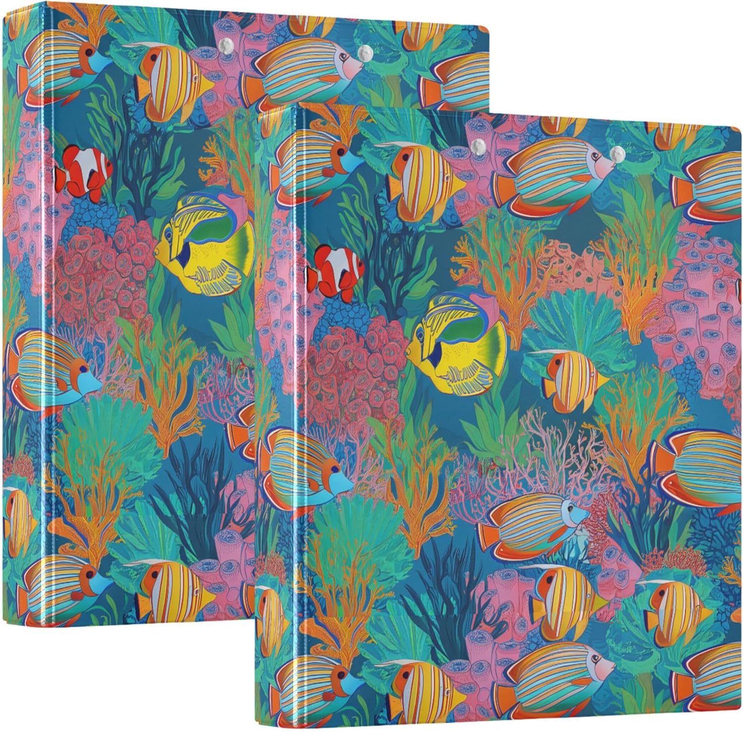 Colorful Tropical Fish 3 Ring Binders, 1.5” Round Ring Binders with Clipboard - Letter Size, 3 Interior PVC Clear Pockets & Anti-Slip Clip for Office School Supplies, 2PCS