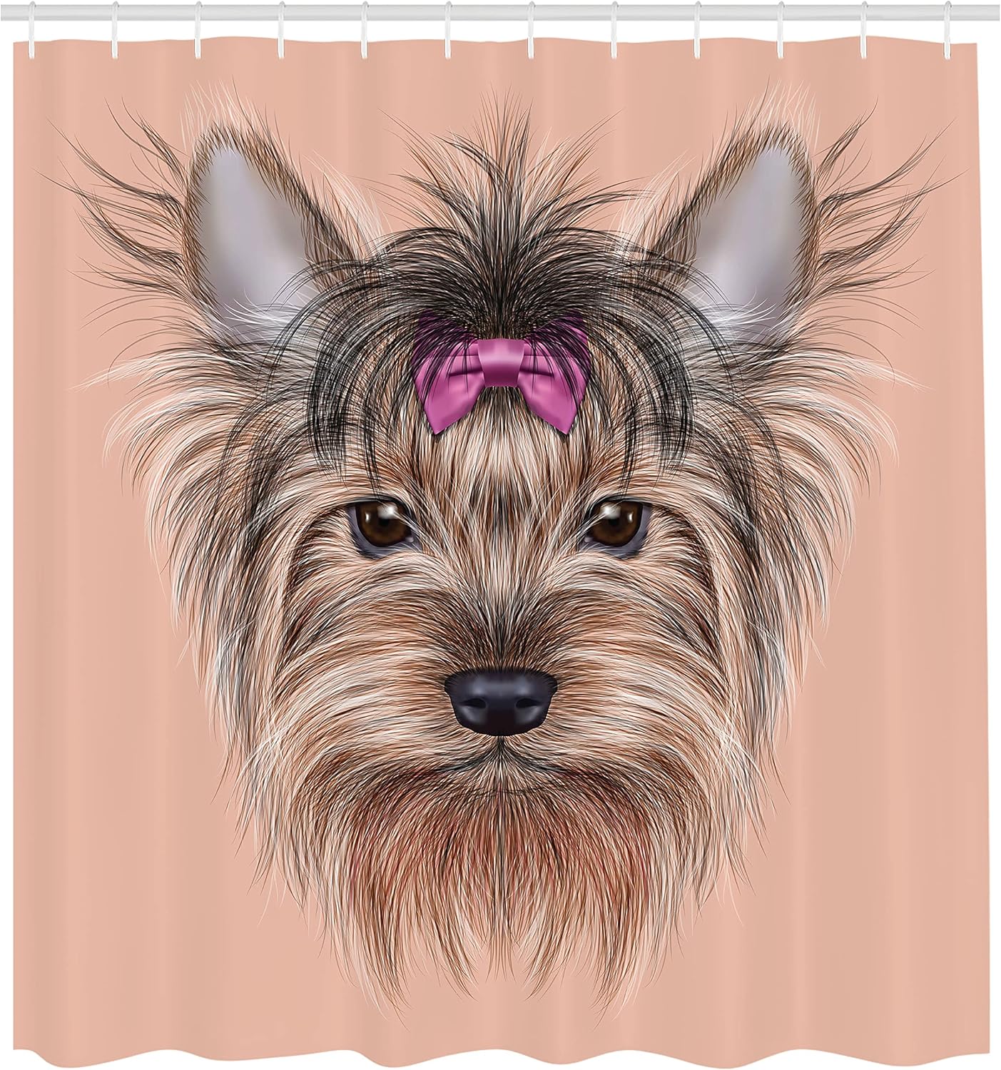 Ambesonne Yorkie Shower Curtain, Realistic Computer Drawn Image of Yorkshire Terrier with Cute Ribbon Animal, Fabric Bathroom Decor Set with Hooks, 69" W x 70" L, Salmon Light Brown