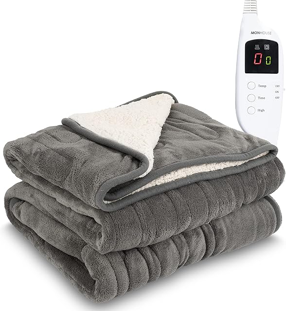 MONHOUSE Heated Throw - Electric Blanket - Digital Controller - Timer up to 9 hours, 9 Heat Settings, Auto Shutoff - Machine Washable - Single 130X160cm -GREY SHEARLING