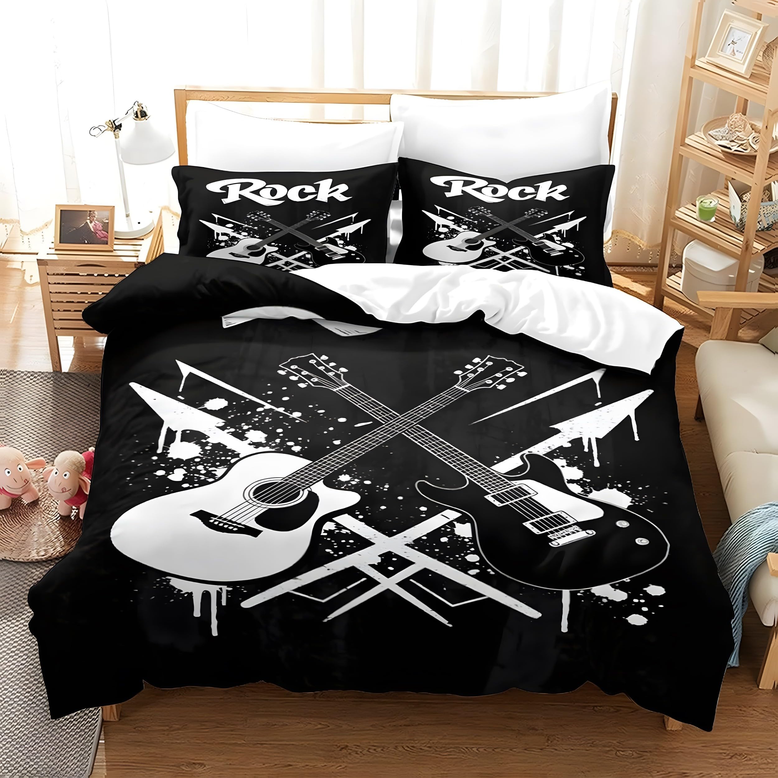 YZQGLHP Rock Style Small Double Duvet Cover Set 135x220cm – 3D Print Vintage Guitar Lightweight Microfiber Bedding, Soft Quilt Cover with Zipper & 2 Pillowcases 50x75cm