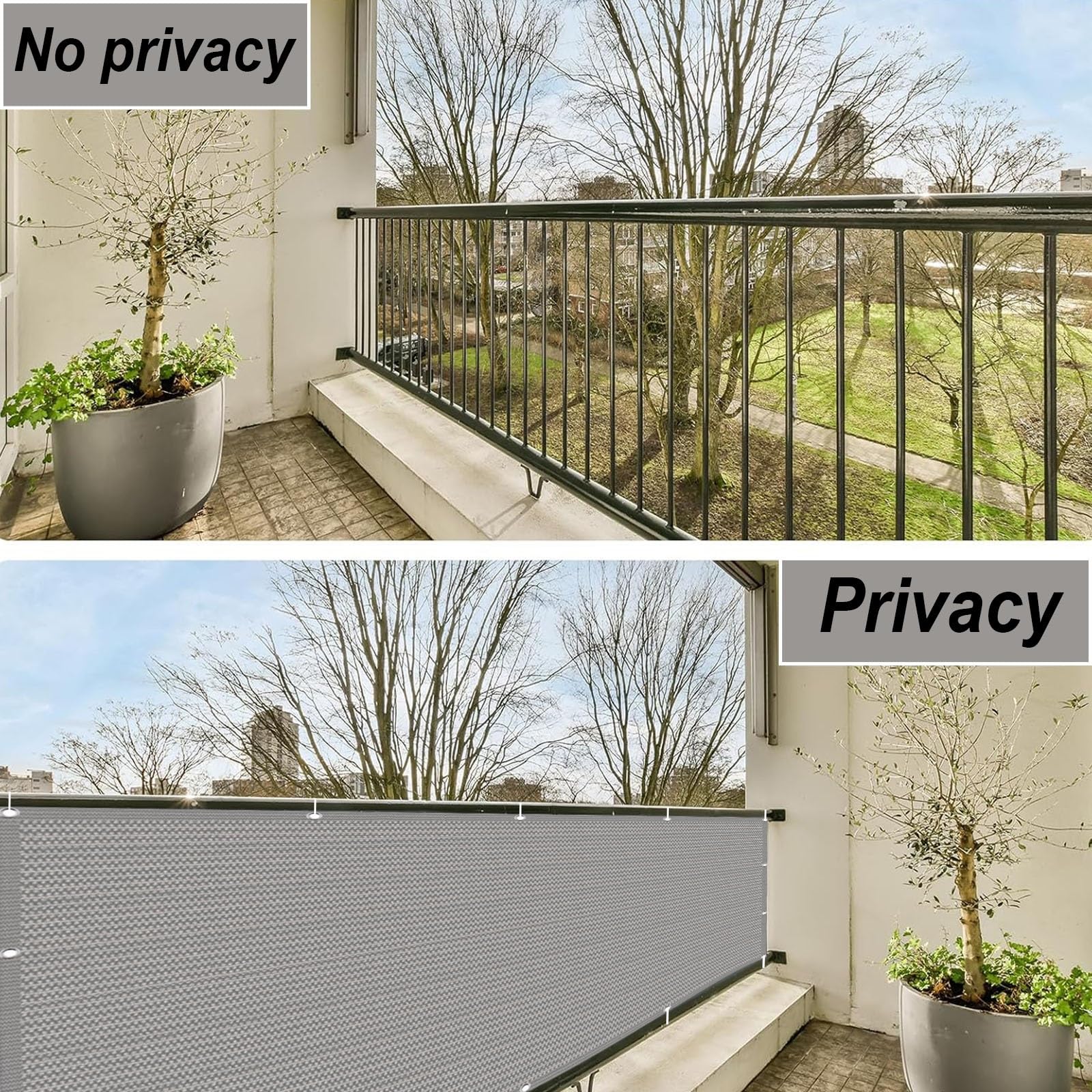 Balkon Sichtschutz 85 x 360 cm Atmungsaktiv Sonnenschutz blickdichte Balkonumspannung ohne Bohren, UV-Schutz Reißfest Mit Zubehör Balkon Abdeckung sichtschutz nach maß, für Terrasse, Hellgrau
